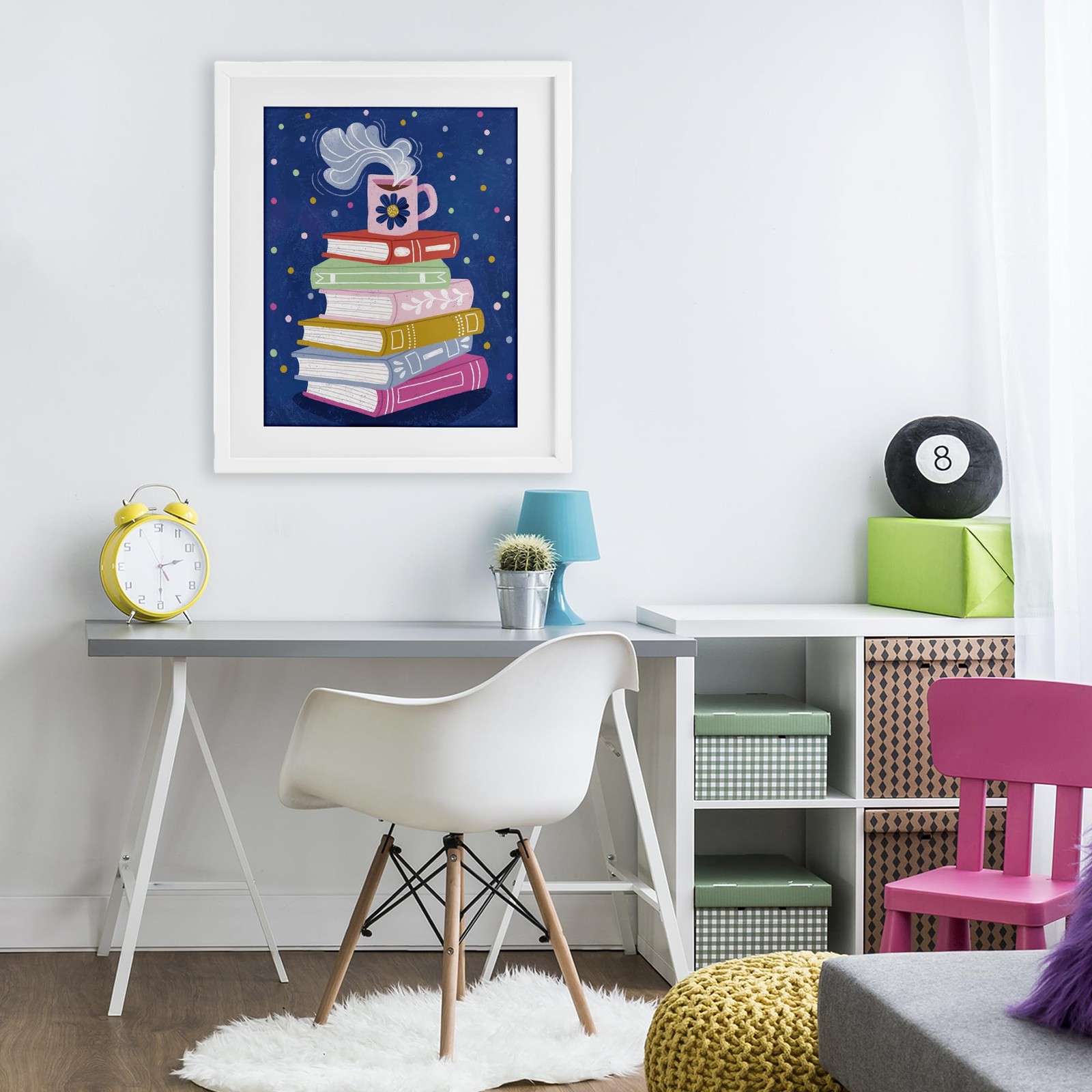 ‘Book Stack & Cozy Mug’, Framed Print Under Glass, White, 17 x 21 Inches, Eas…
