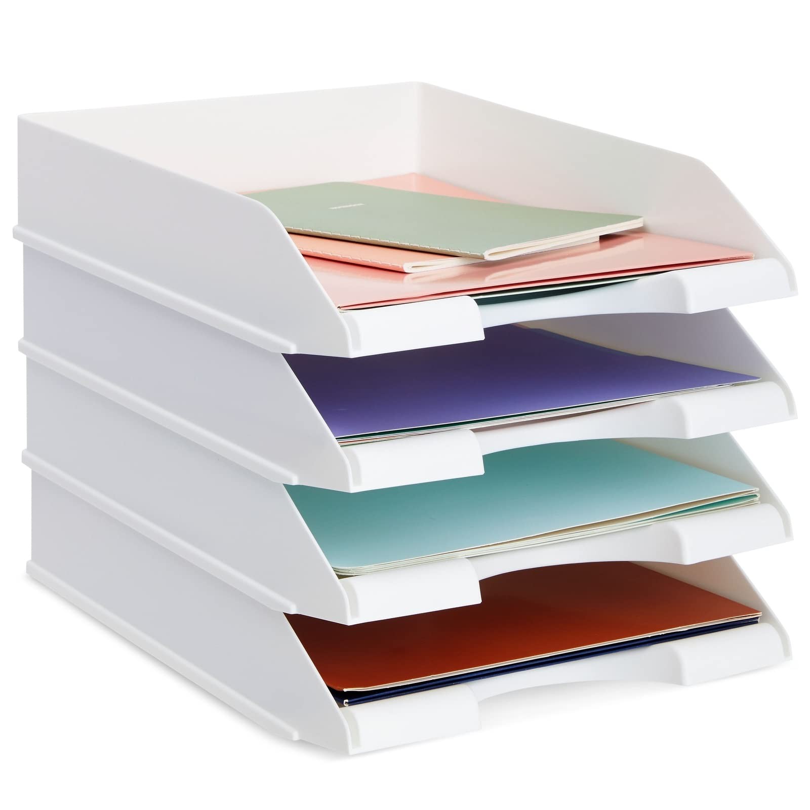 4 Pack White 10×13.5×2.5 Inch Rectangular Paper Letter Tray Desk Organizer