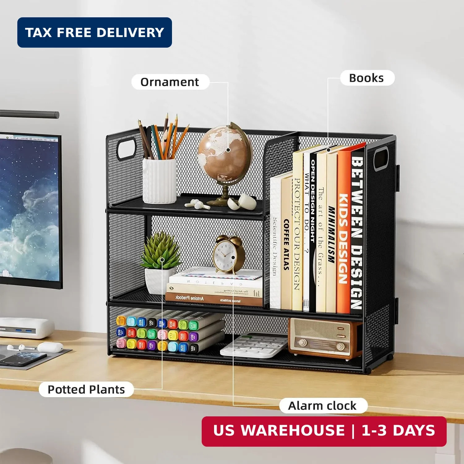Marbrasse 3-Tier Desk Shelf Organizer with Handle, Desktop Bookshelf File Holder