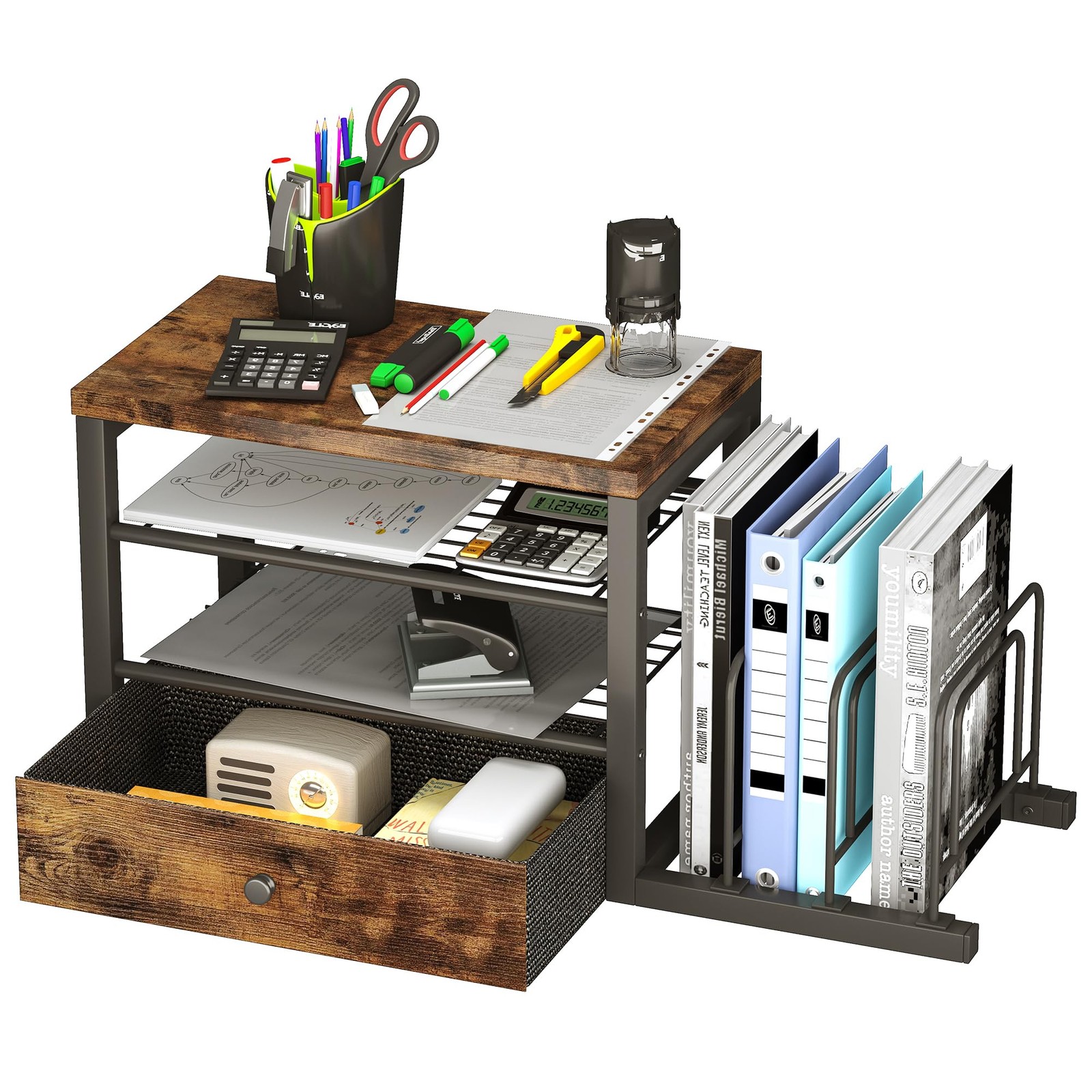 Homeiju Wood Desk Organizer with Drawers, File Rustic Brown
