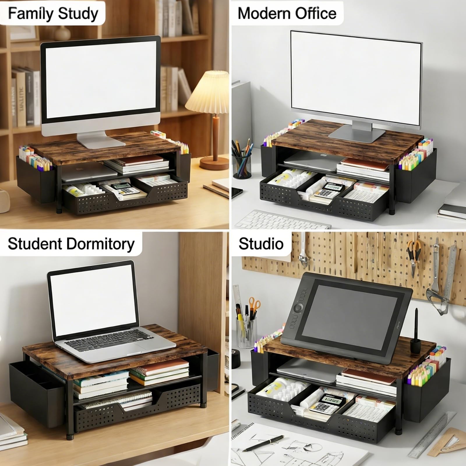 Wood Desk Organizer 2-Tier Monitor Stand Riser with Storage Drawer & Pen Holders