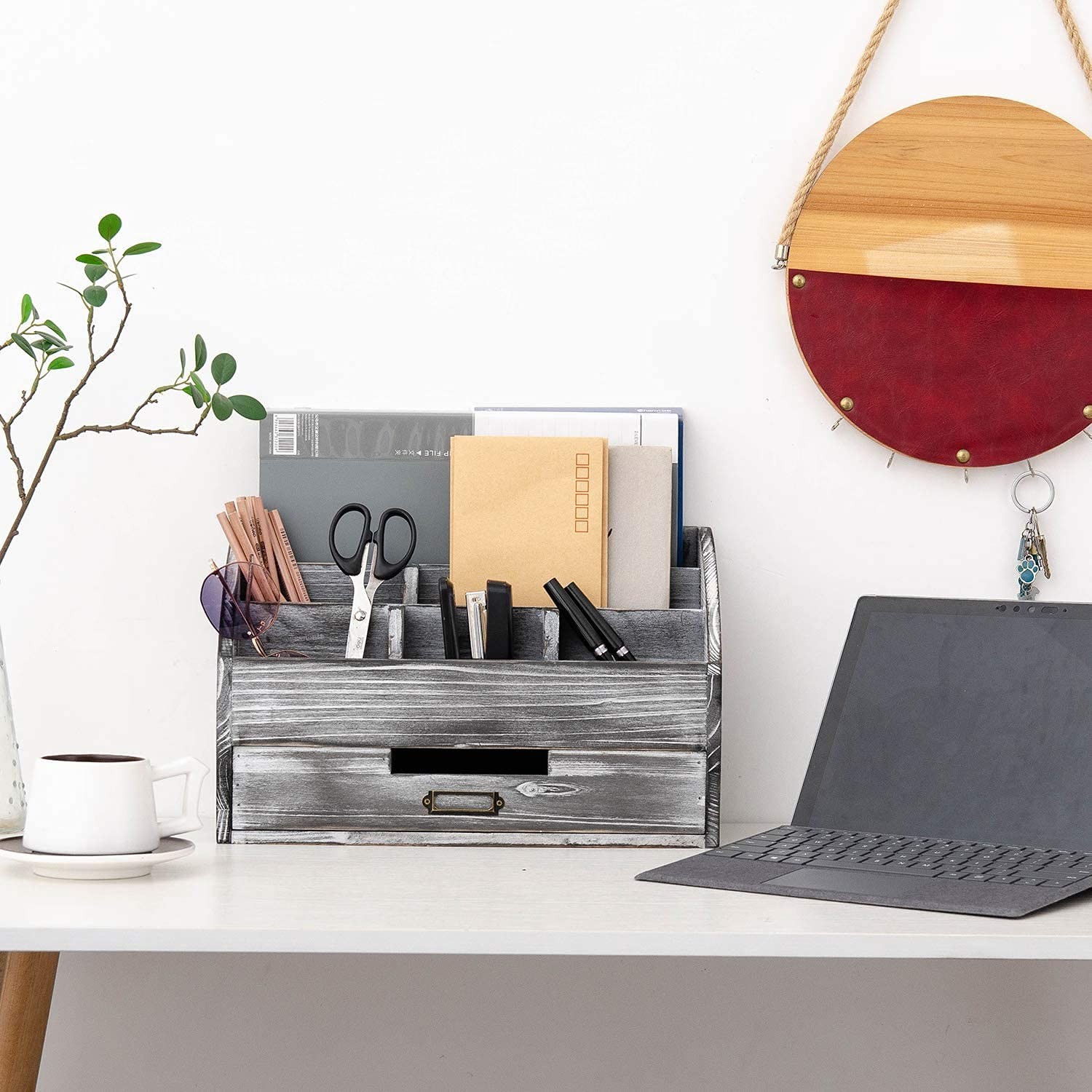 VERGOODR Rustic Wooden Office Desk Organizer 5 Compartment with 2 Grey white