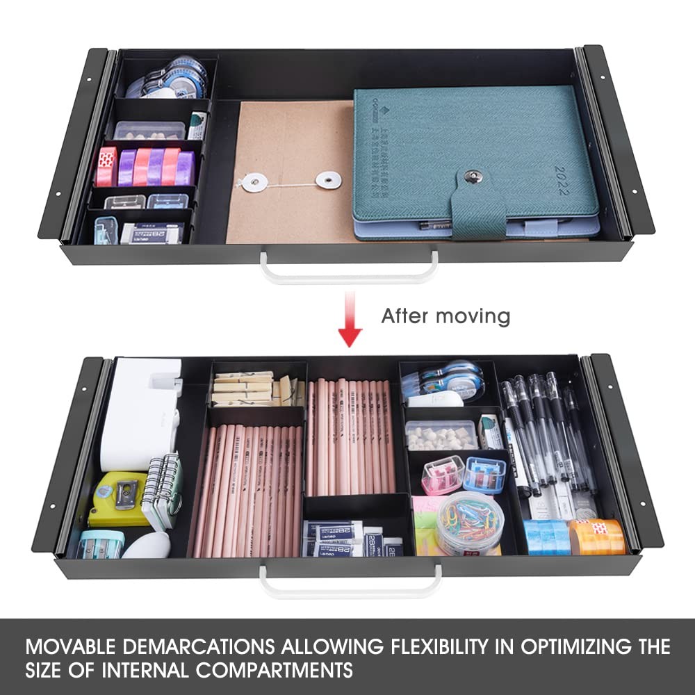 Large Size Under Desk Slide out Pencil Drawer with Adjustable Space Divider D…