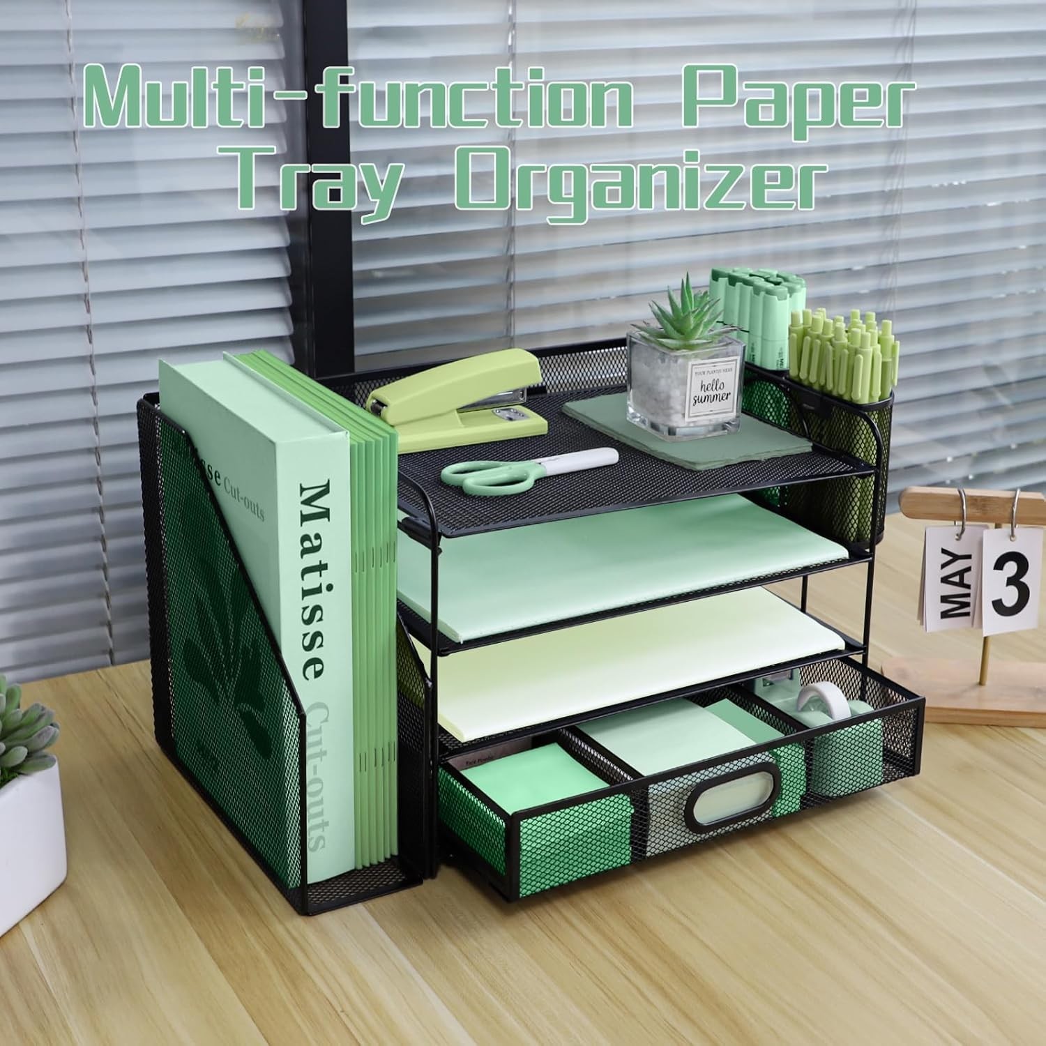 4 Tier Metal Desk File Organizer Vertical Sorter Paper Tray and Drawer Black