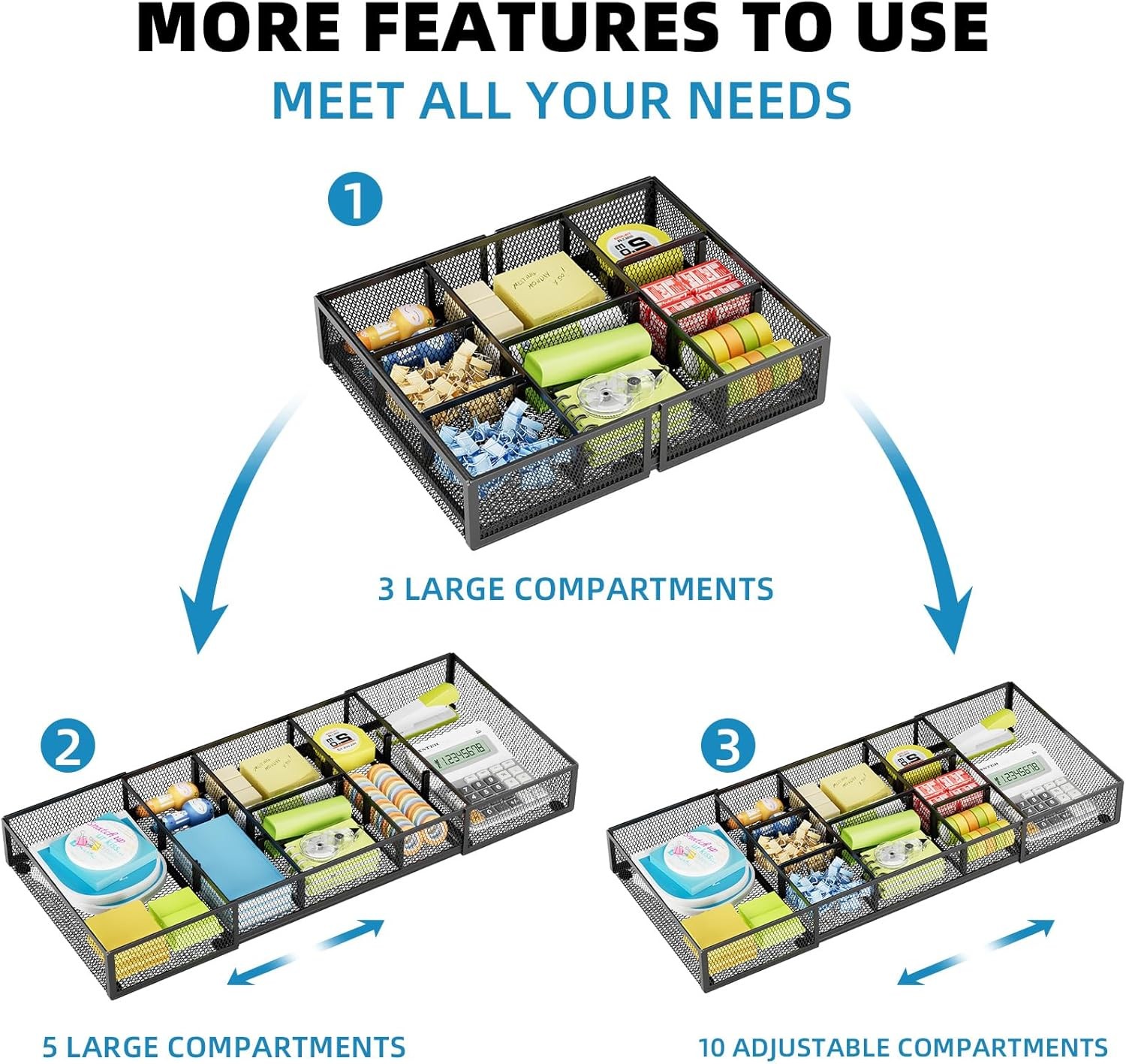 Expandable Desk Drawer Organizer, Mesh Drawer Organizer Tray with 10 Compartment