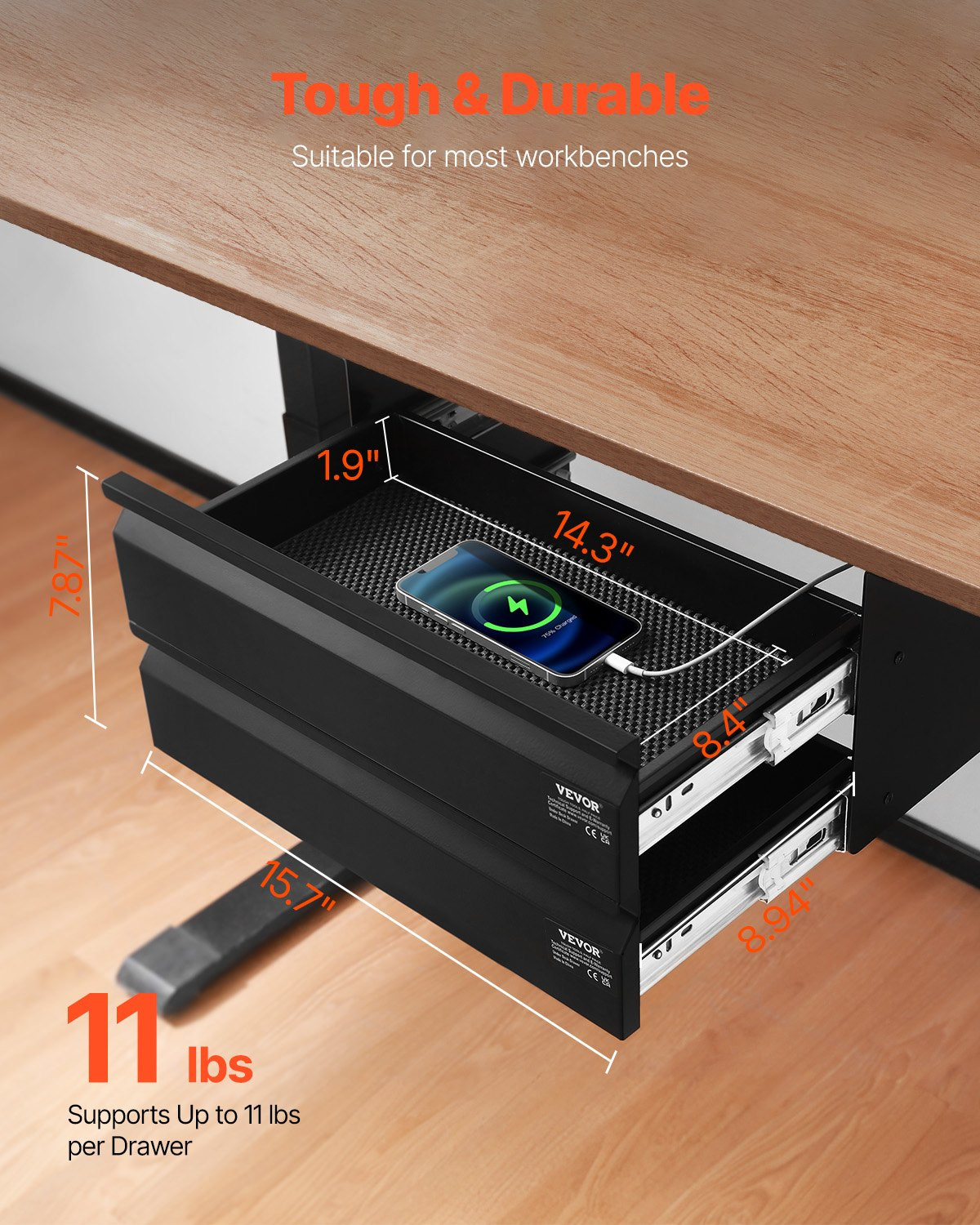 2 Drawer 16″ Under Desk Drawer Organizer Slide-out Drawer Space Saver Office