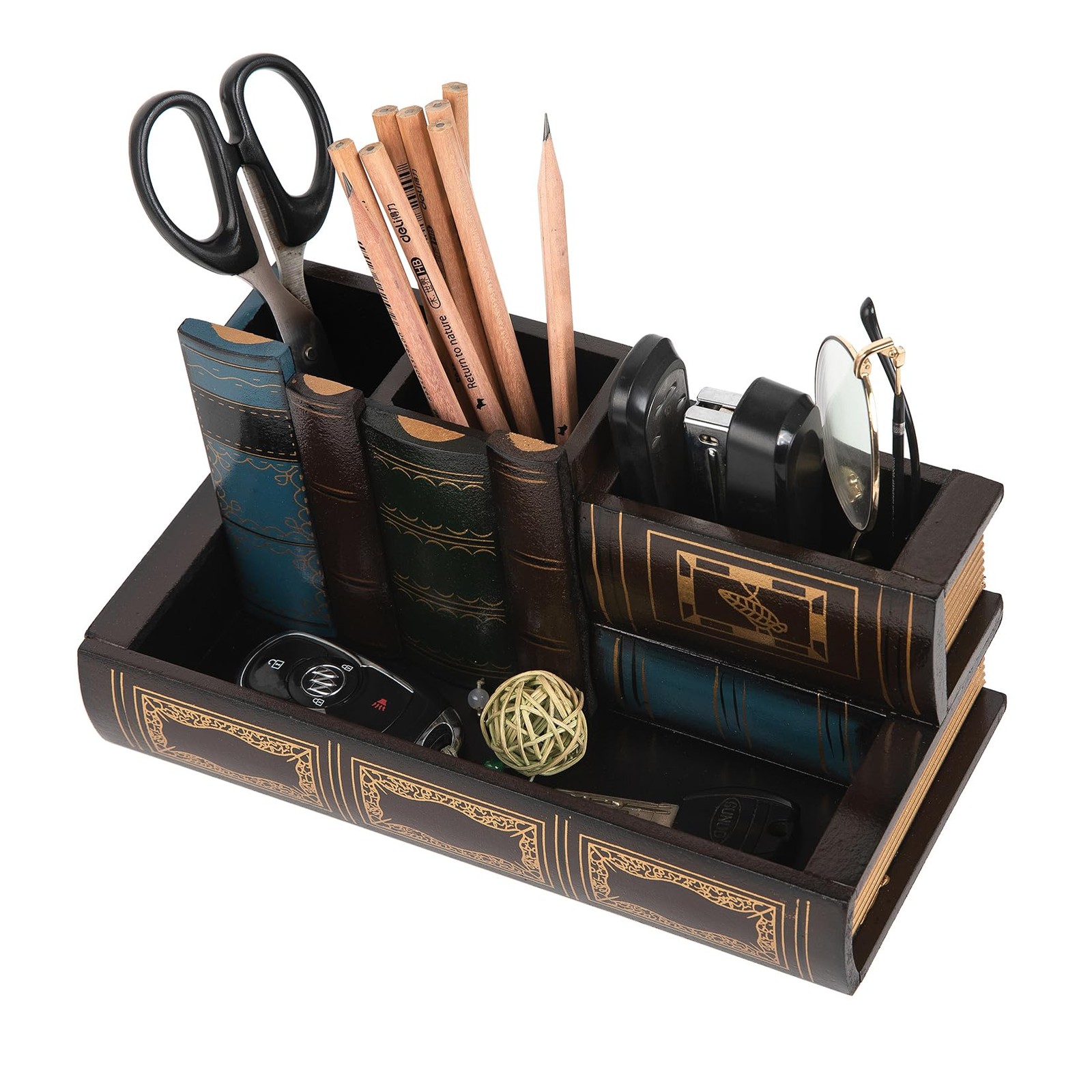 Decorative Pencil and Pen Holder with Storage Drawer, Wooden Desk Organizer C…