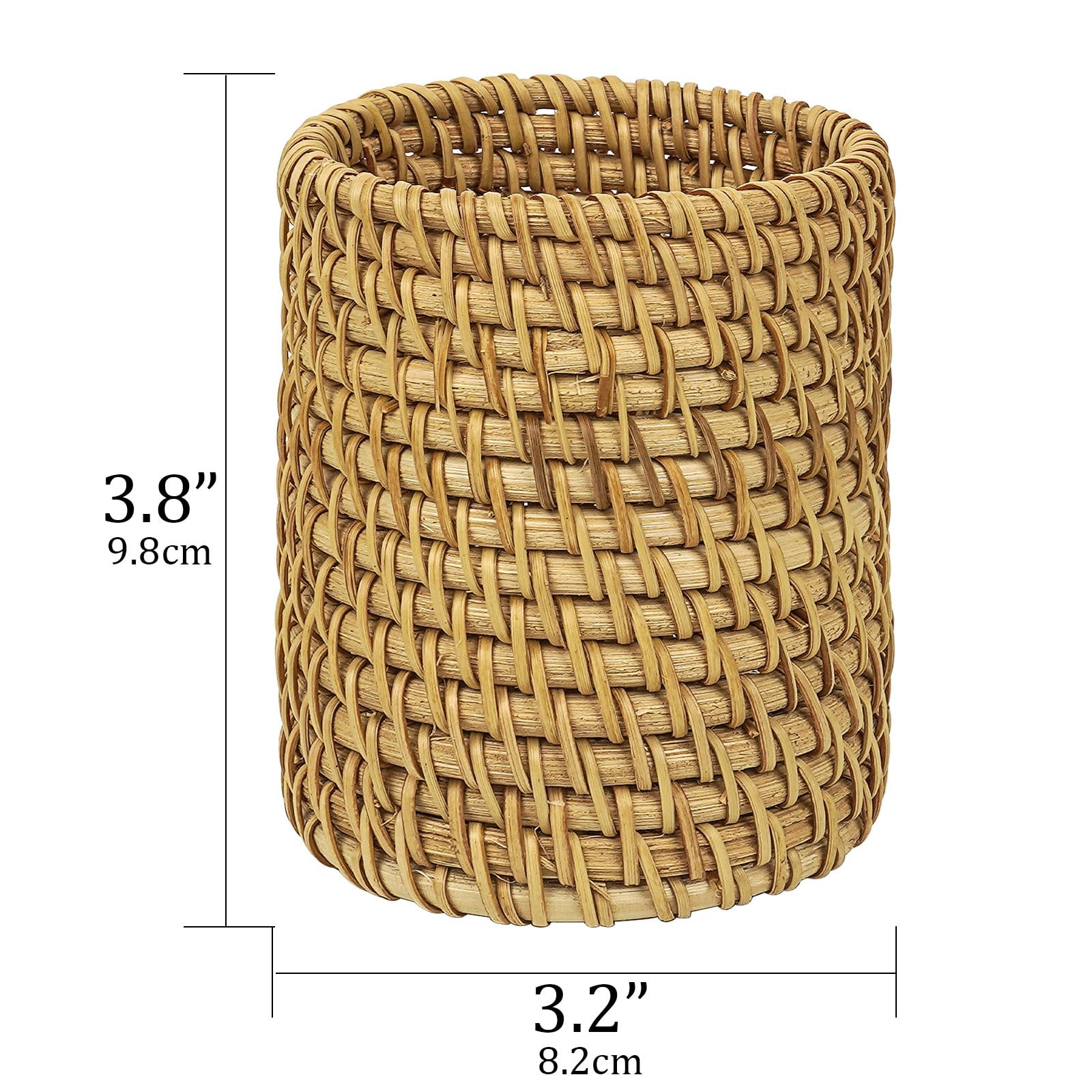 Wicker Rattan Pencil Holder, Cylindrical Desk Organizer Cup, Natural Brown, f…