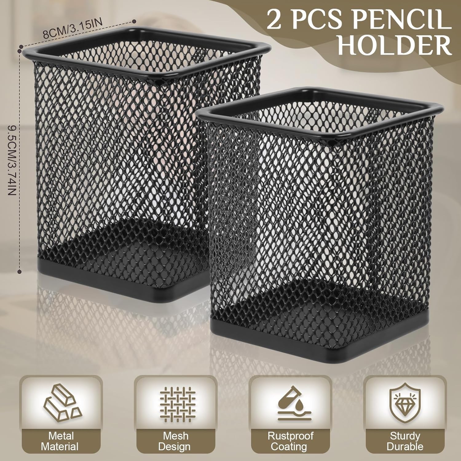 2 Pack Square Metal Pen Holder Desk 3.15 x 3.74 IN Pen Cups Pencil Holder