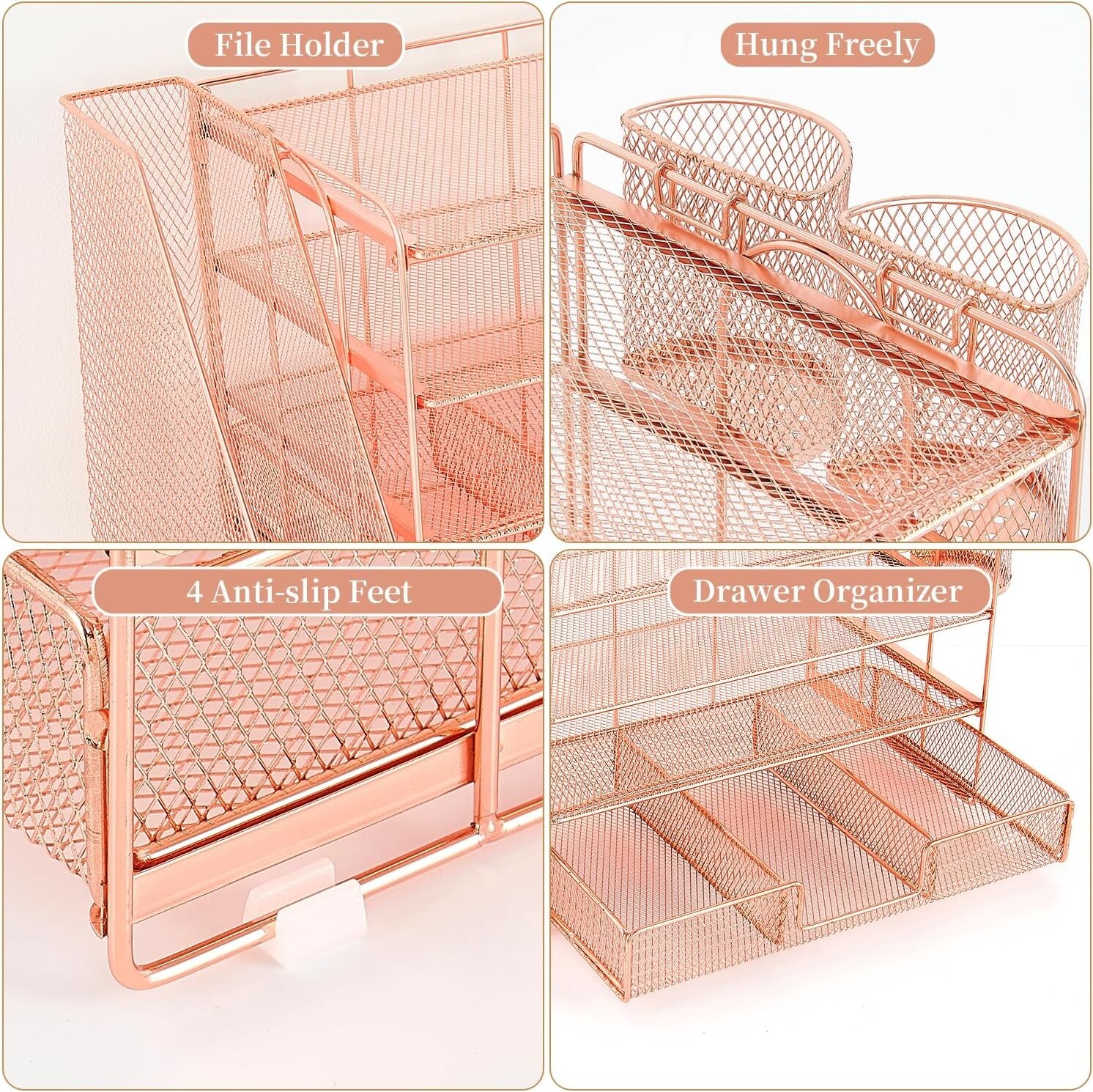Sleek 4-Tier Metal Letter Tray Organizer with Drawer – Modern Rose Gold Style