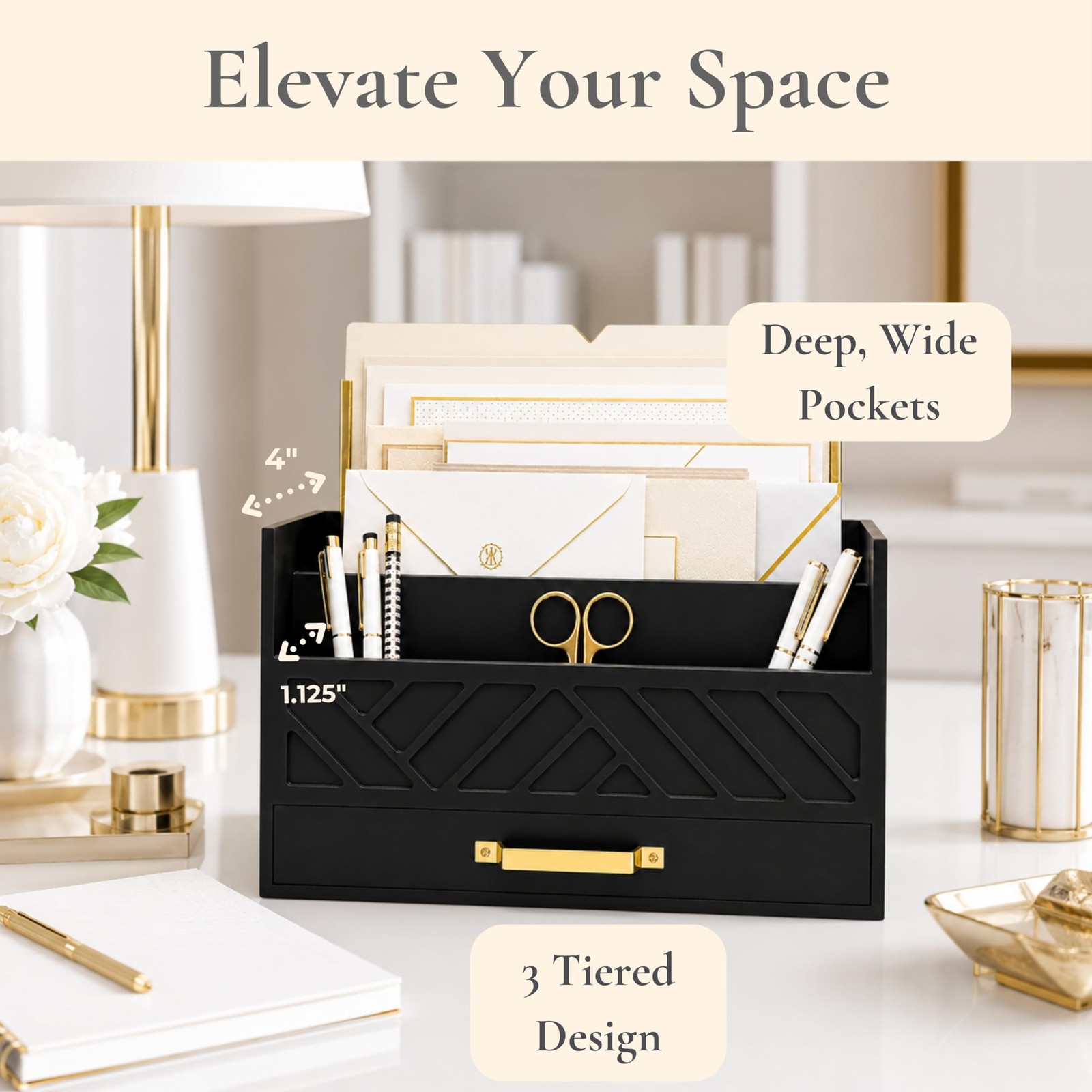 BLU MONACO | Wooden Mail Organizer with Drawer and Gold Handle | Mail Sorter …