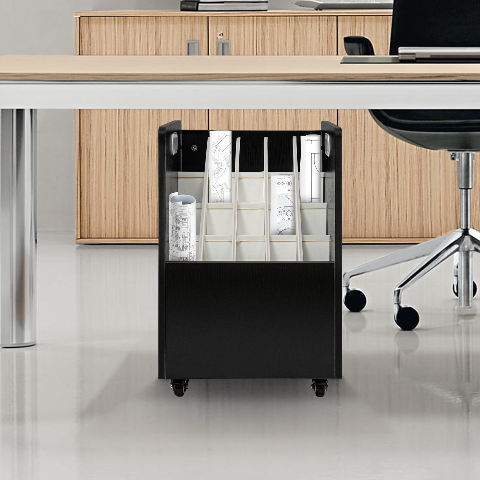 20-Slot Mobile Rolling Blueprint Roll File Cart Modern Document Organizer Black
