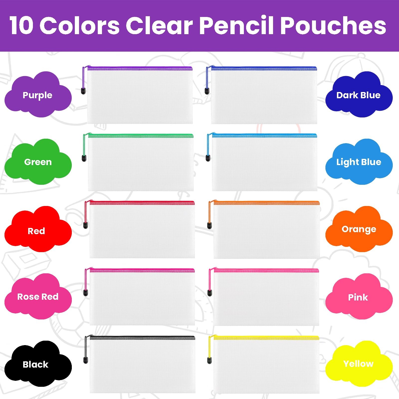 100 PCS Pencil Case Pouch Bulk 9.5”x4.5” Clear Mesh Zipper 10 Colors