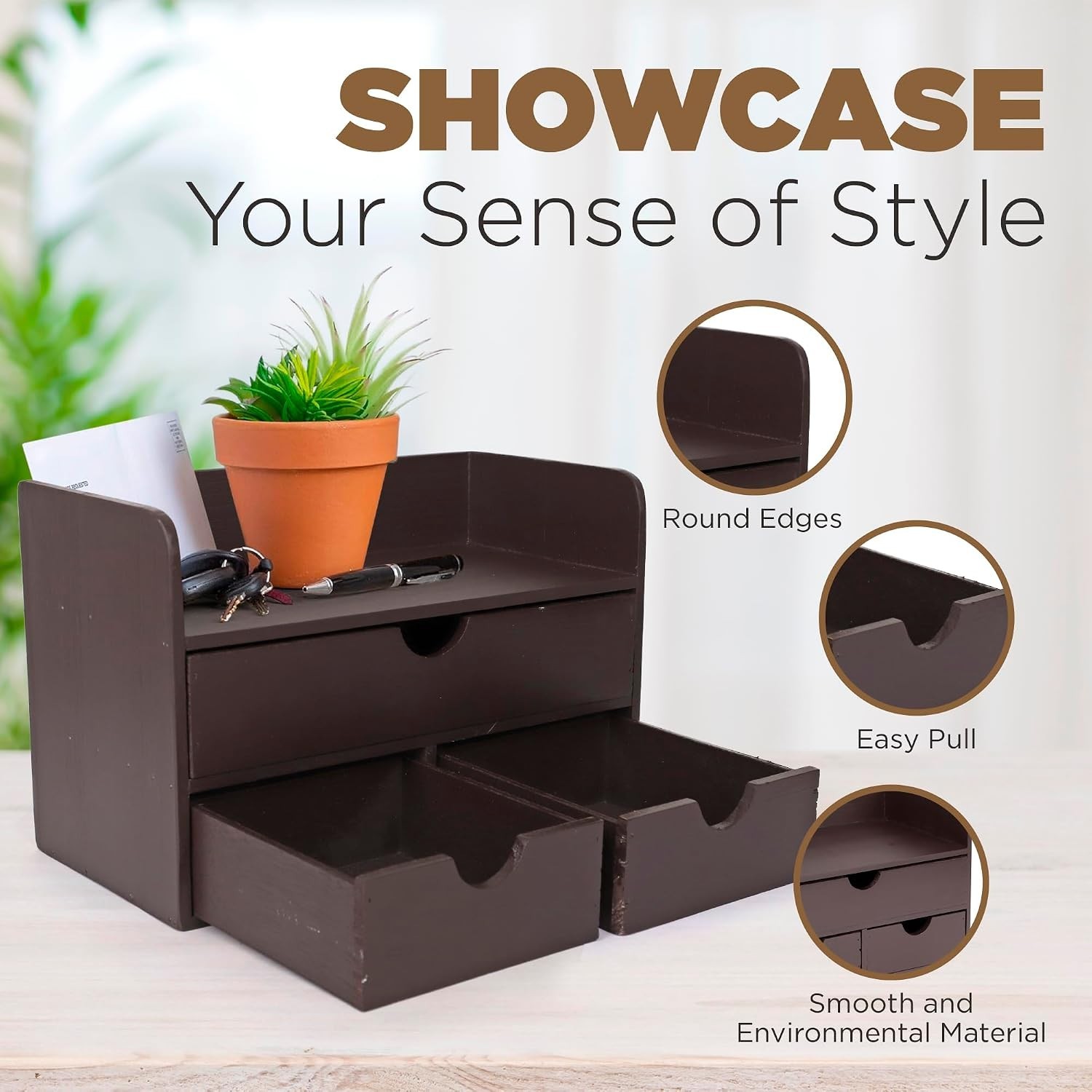 Elegant Vintage Wooden Desk Organizer – 3 Drawers & Top Shelf – Dark Brown