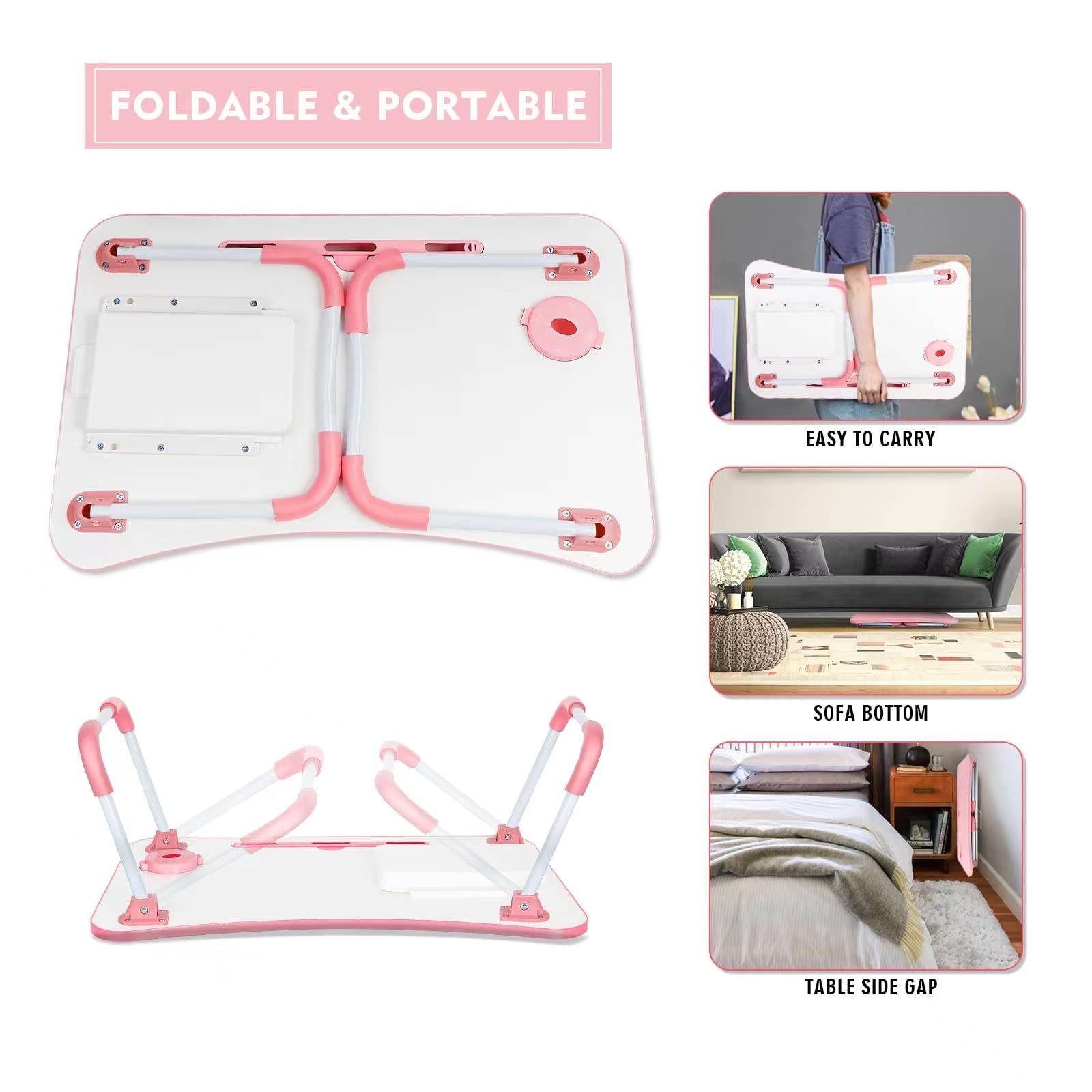 Laptop Bed Table, Foldable Desk Tray with Storage Drawer, Lap Pink
