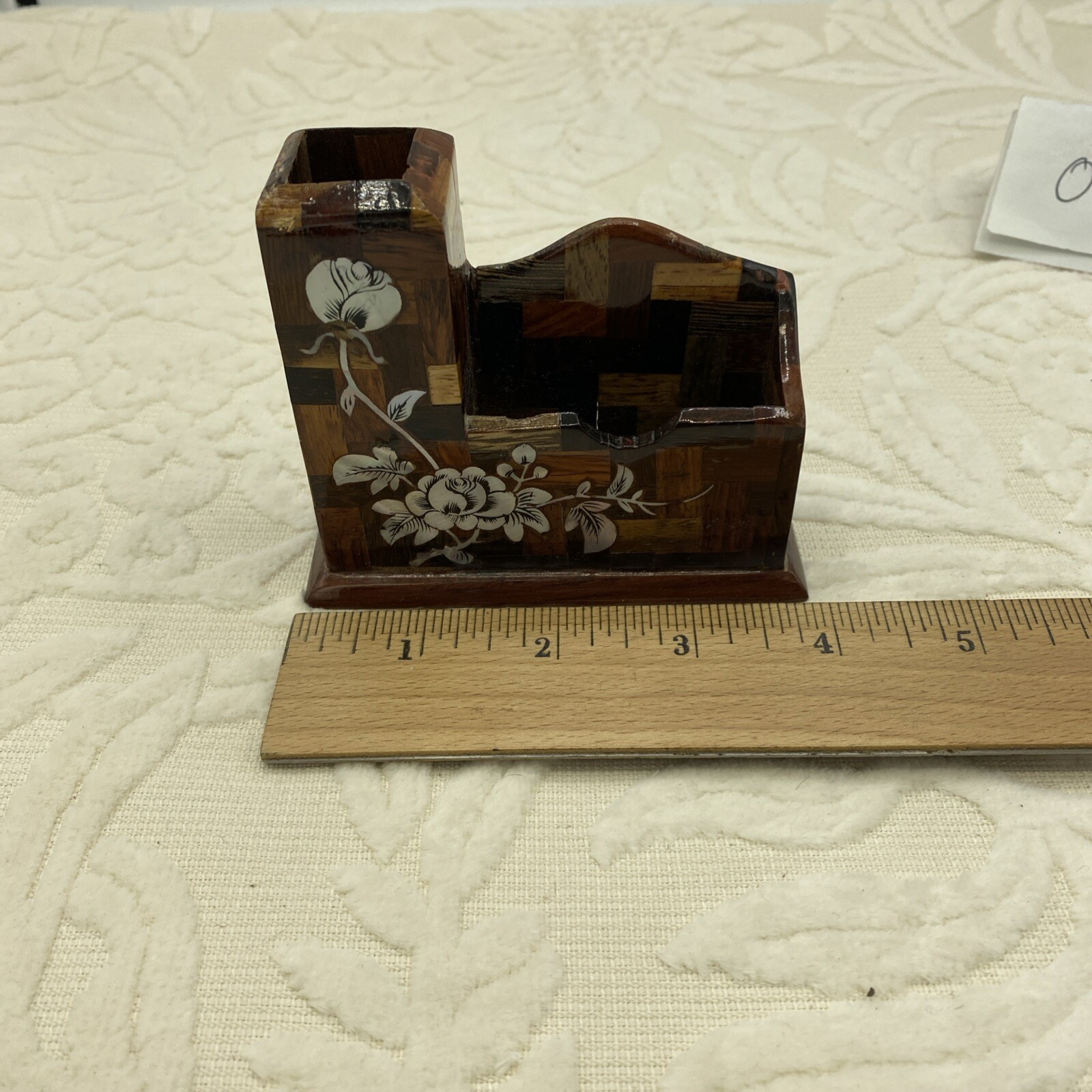 Handmade Laquered Wood Business Card & Pencil Holder With Inlaid Shell Design