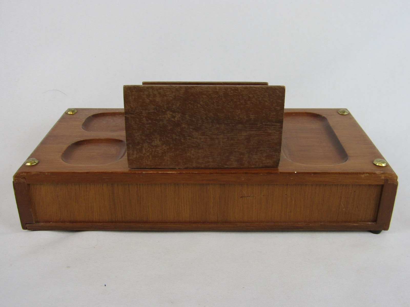 Vintage Centurion Wood Desk Caddy-Brown-Felt Lined Drawer-Envelope Holder-EUC