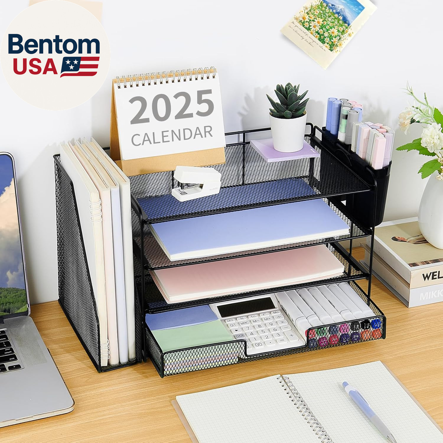 Desk Organizer, 4-Tier Desktop File Organizer with Drawer and 2 Pen Holders, Off
