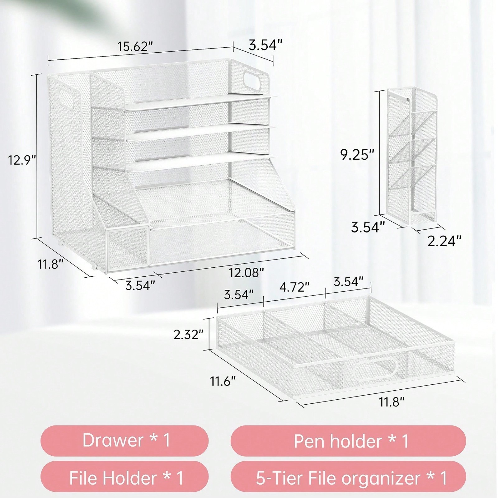 Stylish Neat Modern Desk Organizer 5 Tier File Tray With Drawer Pen Holder Mesh