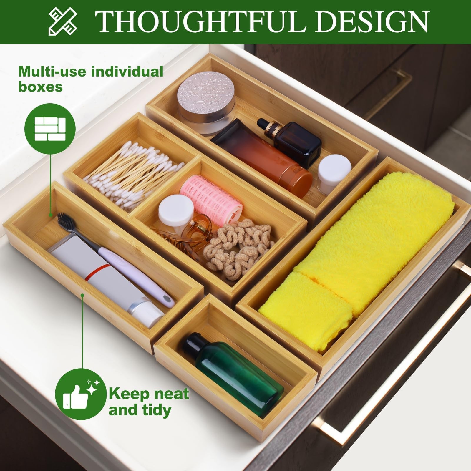 Bamboo Drawer Organizer Set, 5 PCS Multi-Use Individual 5, Natural