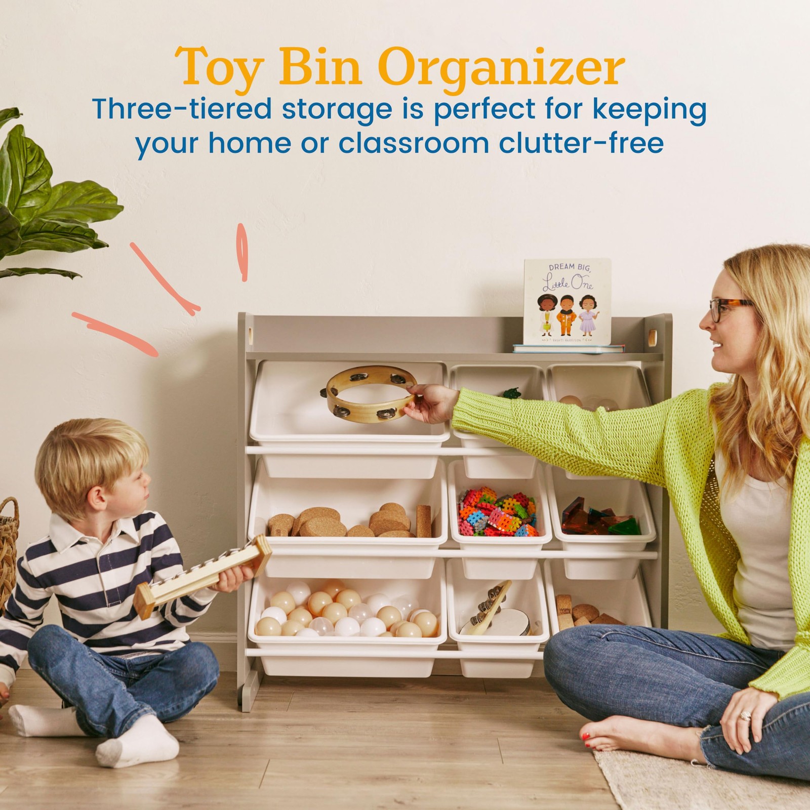 3-Tier Organizer with Shelf and 9 Removable Plastic Bins, 3×3, Toy Storage, G…