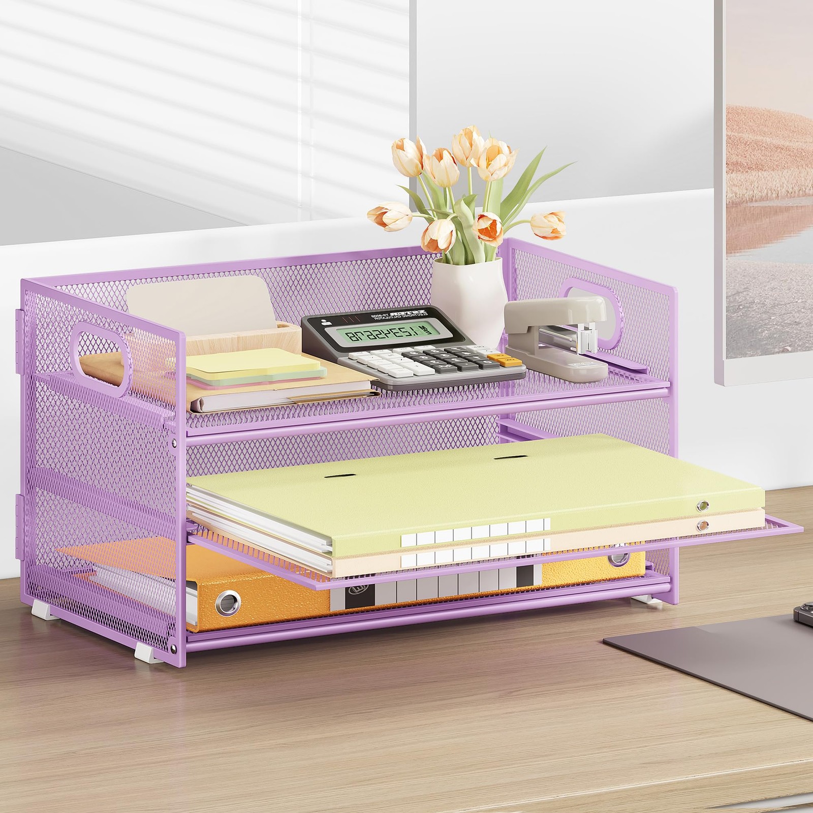 Subekyu 3 Tier Letter Tray Paper Organizer with 12.6″ x 9.1″ x 8.1″, Purple