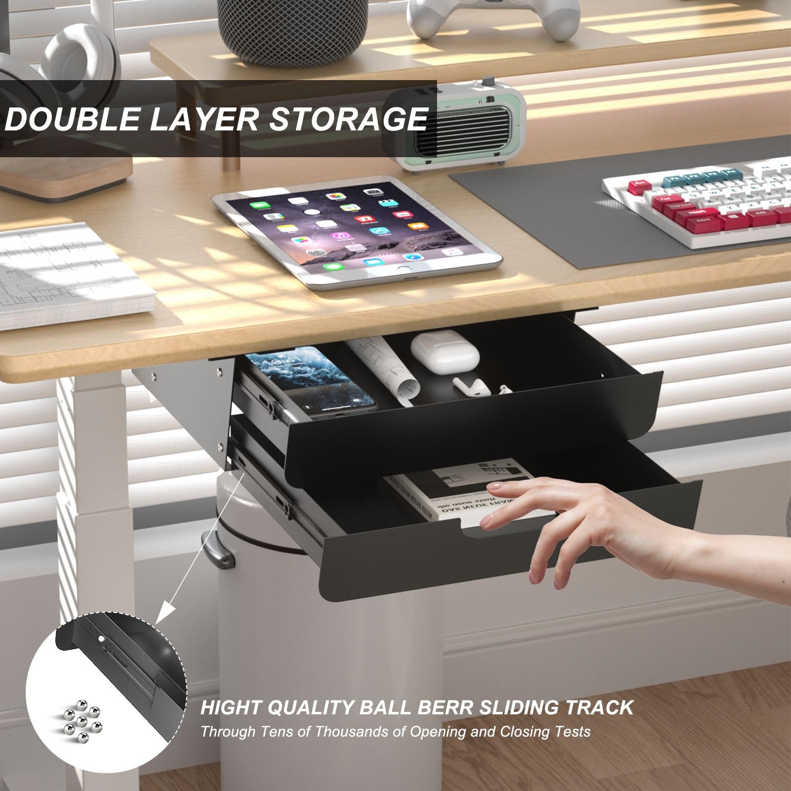 Under Desk Mounted Sliding Double Layer Drawer with Tilt Panel to Pull Black