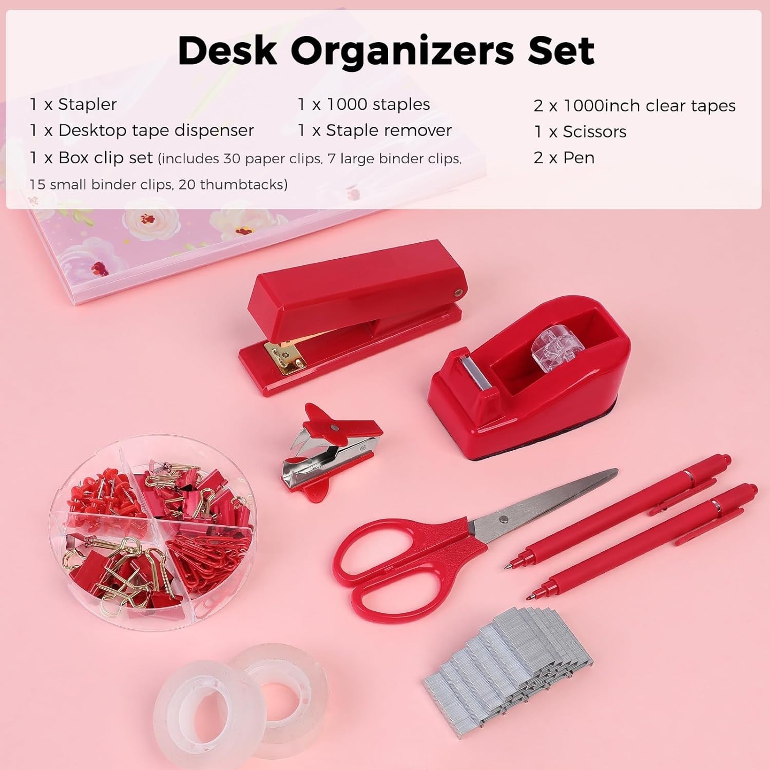 Red Office Supplies Set, Desk Accessories, Stapler, Tape Dispenser, Scissors,…