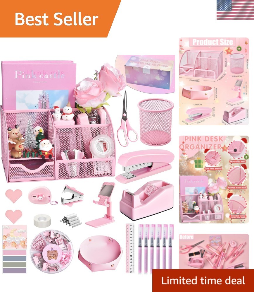 Pink Desk Accessories, 24Pcs Pink Office Supplies and Desk Organizers, with T…