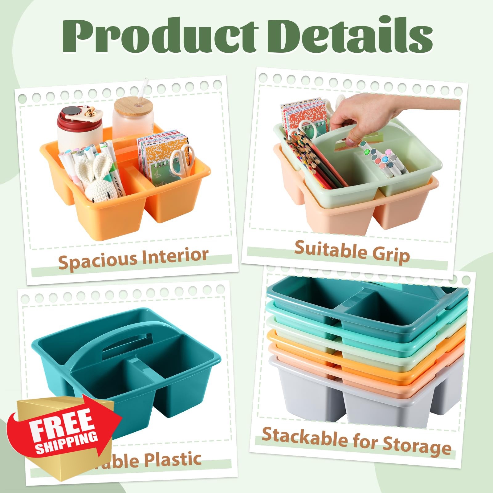 6 Pack 3 Compartment Small Caddy Plastic Classroom Organizer with Handle Port…