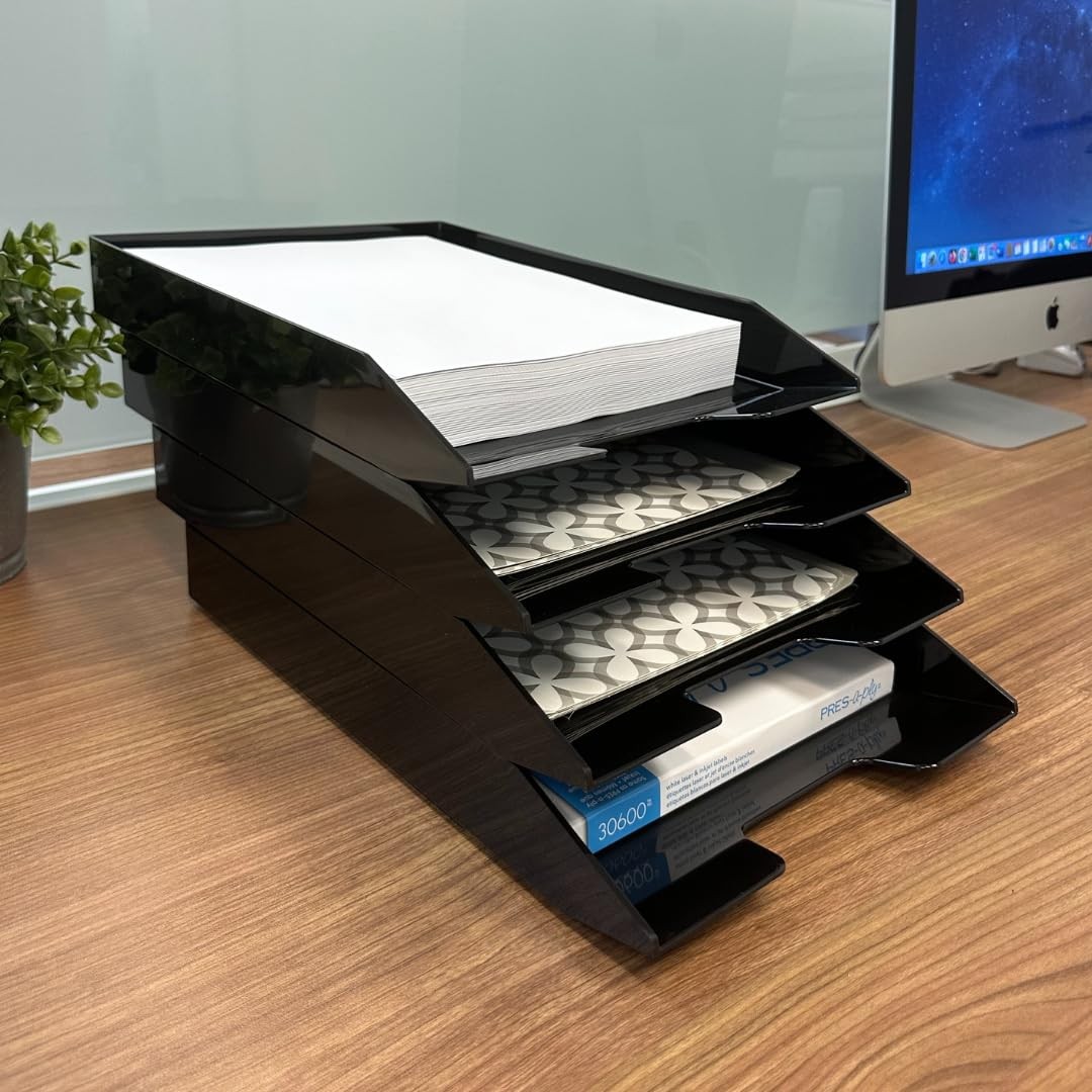 4 Tier Stackable Letter Tray Front Load Desk Office Paper Organizer Black