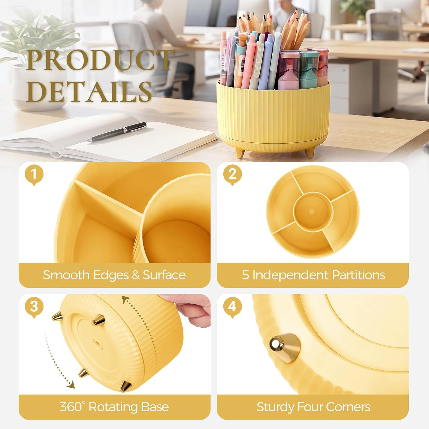 Pencil Pen Holder for Desk, 5 Slots 360-Degree Rotating Desktop Organizer, Cute