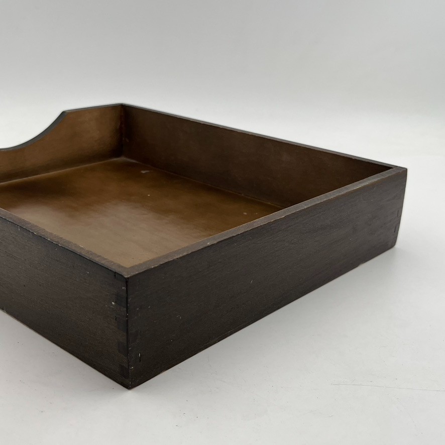 Vintage MCM Desk Organizer Tray Walnut Wood Office In Out Box, 12.5″ x 10″