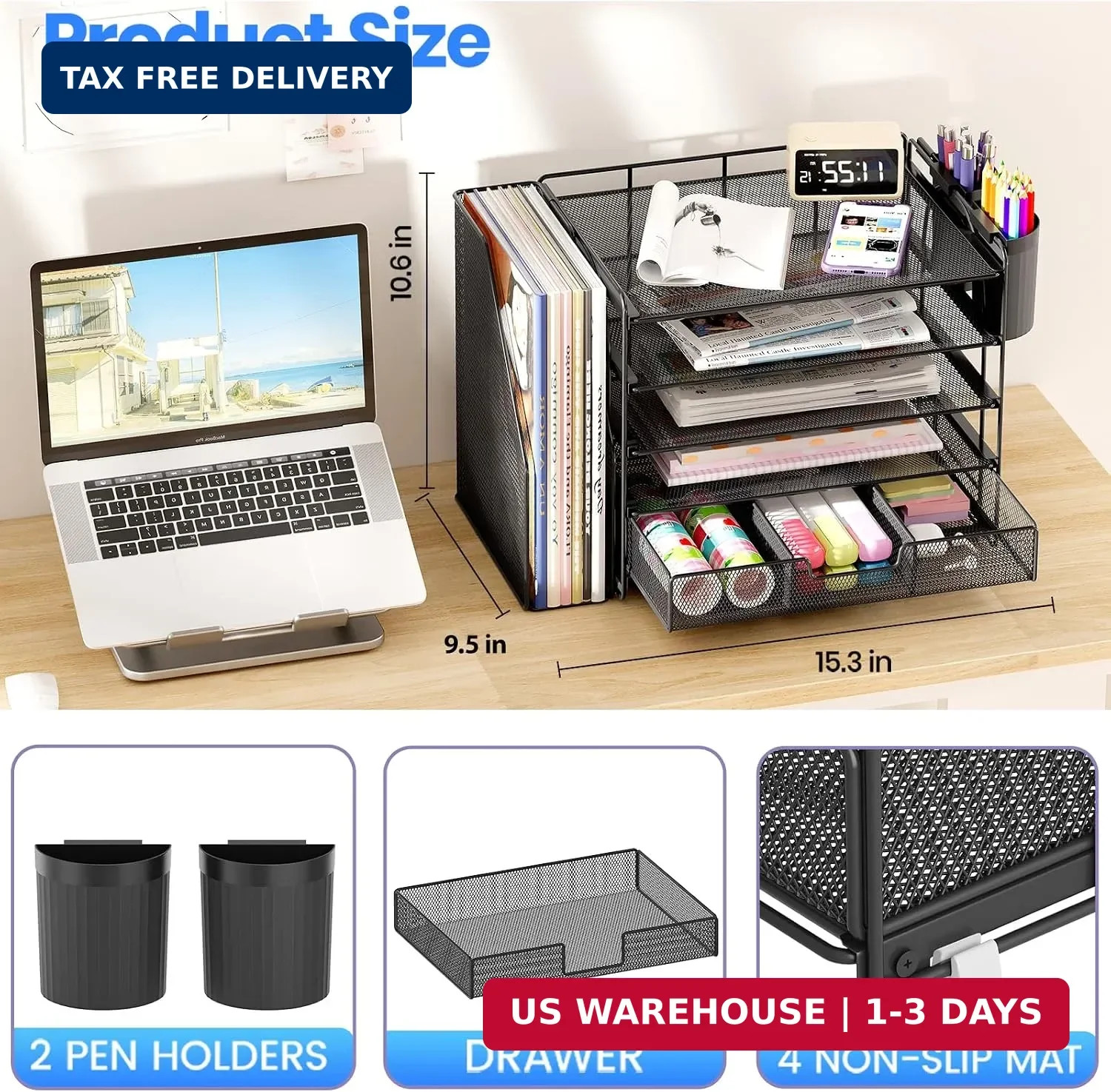 OPNICE Desk Organizer, 5-Tier Desktop File Organizer with Drawer and Pen Holders