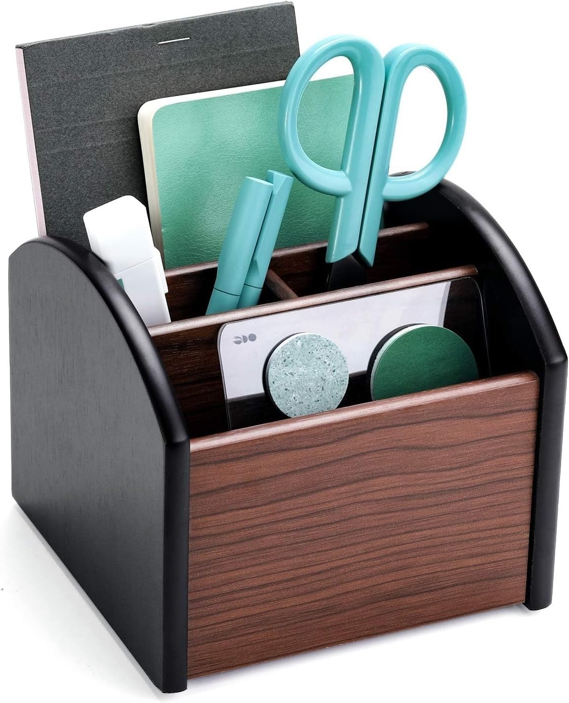 Remote Control Holder Caddy, Wooden Desk Organizer with 4 Compartments, Multi…