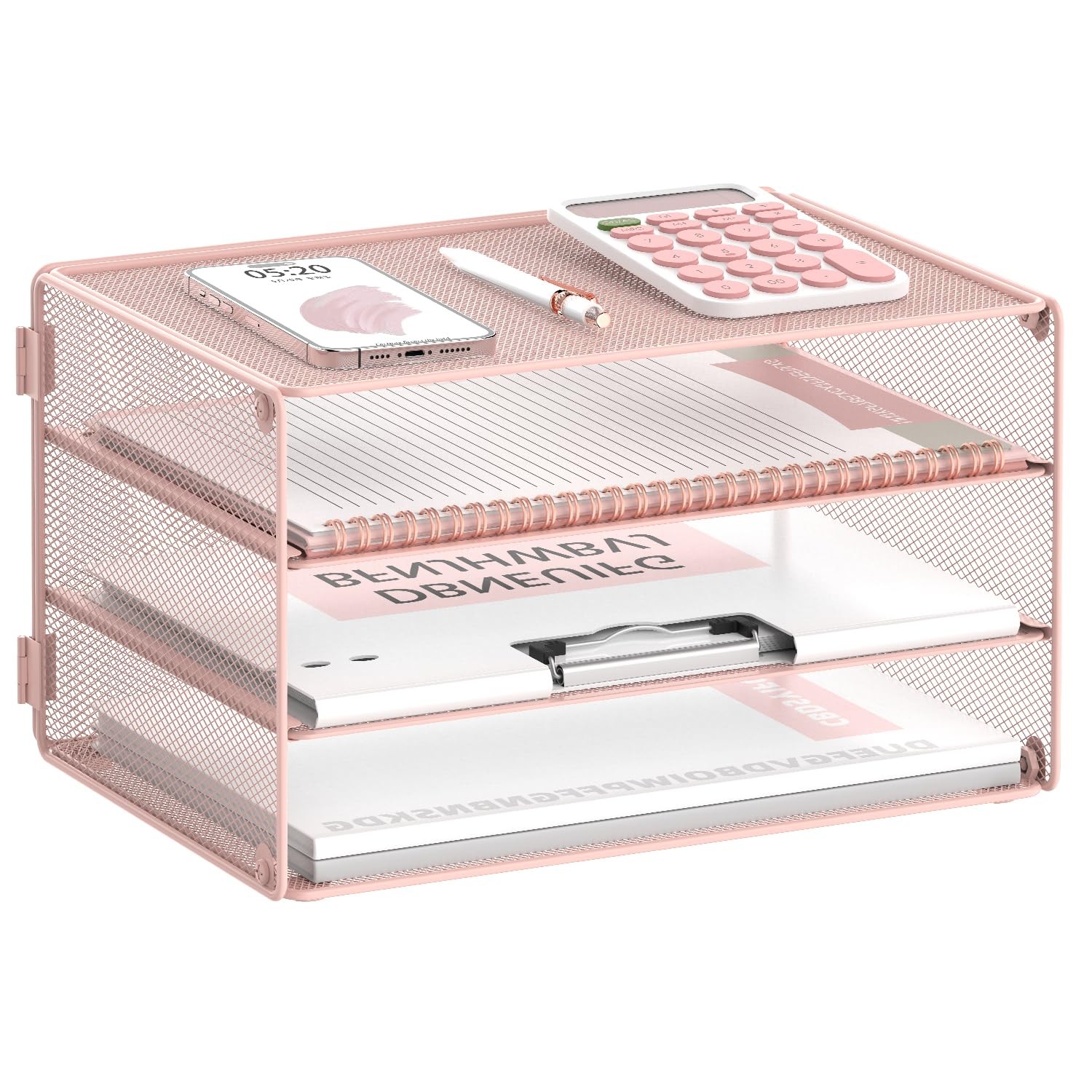 3 Tier Letter Tray Paper Organizer Mesh Metal Desk File Home Office Pink