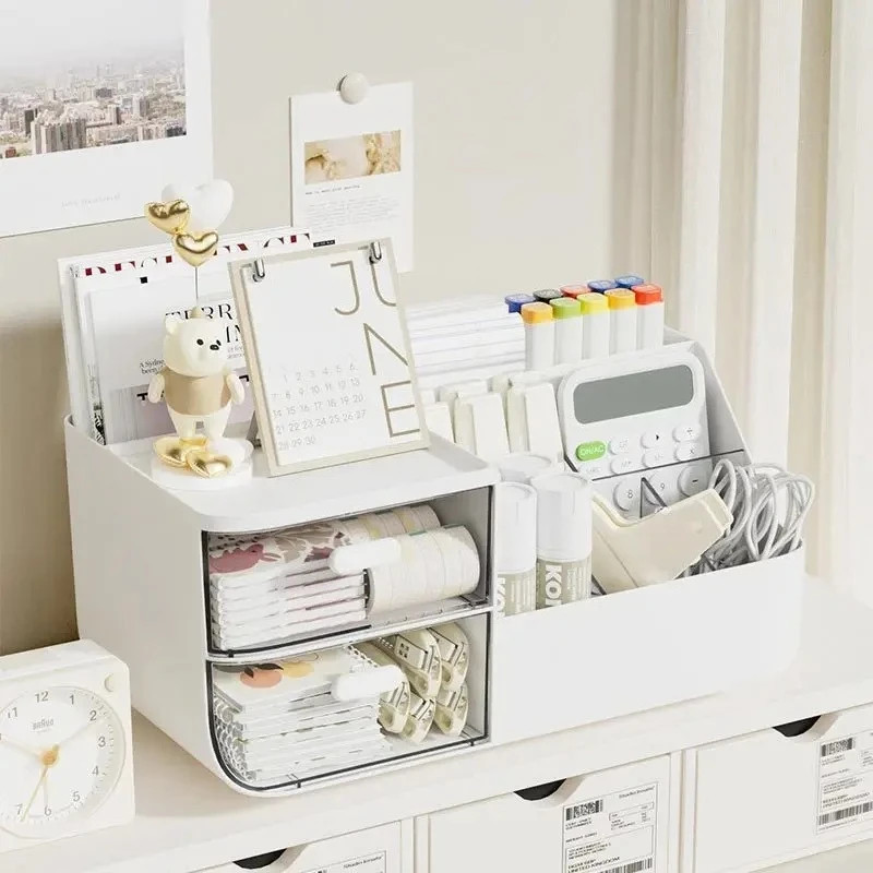 Large Capacity Desk Organizer with 2 Transparent Drawers and Office Supplies Hol