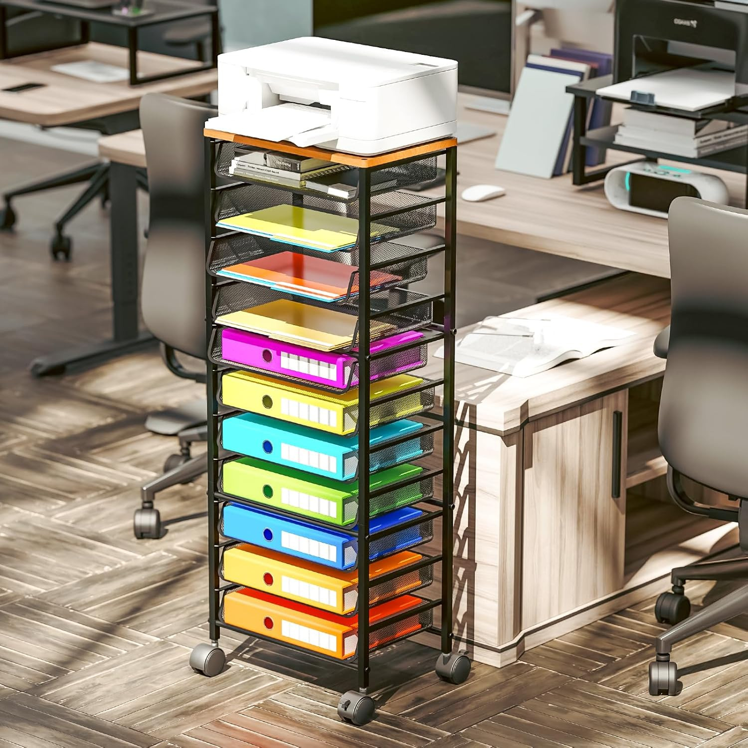 12-Tier Rolling File Cart, Desk File Organizer with 11 Mesh Sliding Trays, Lette