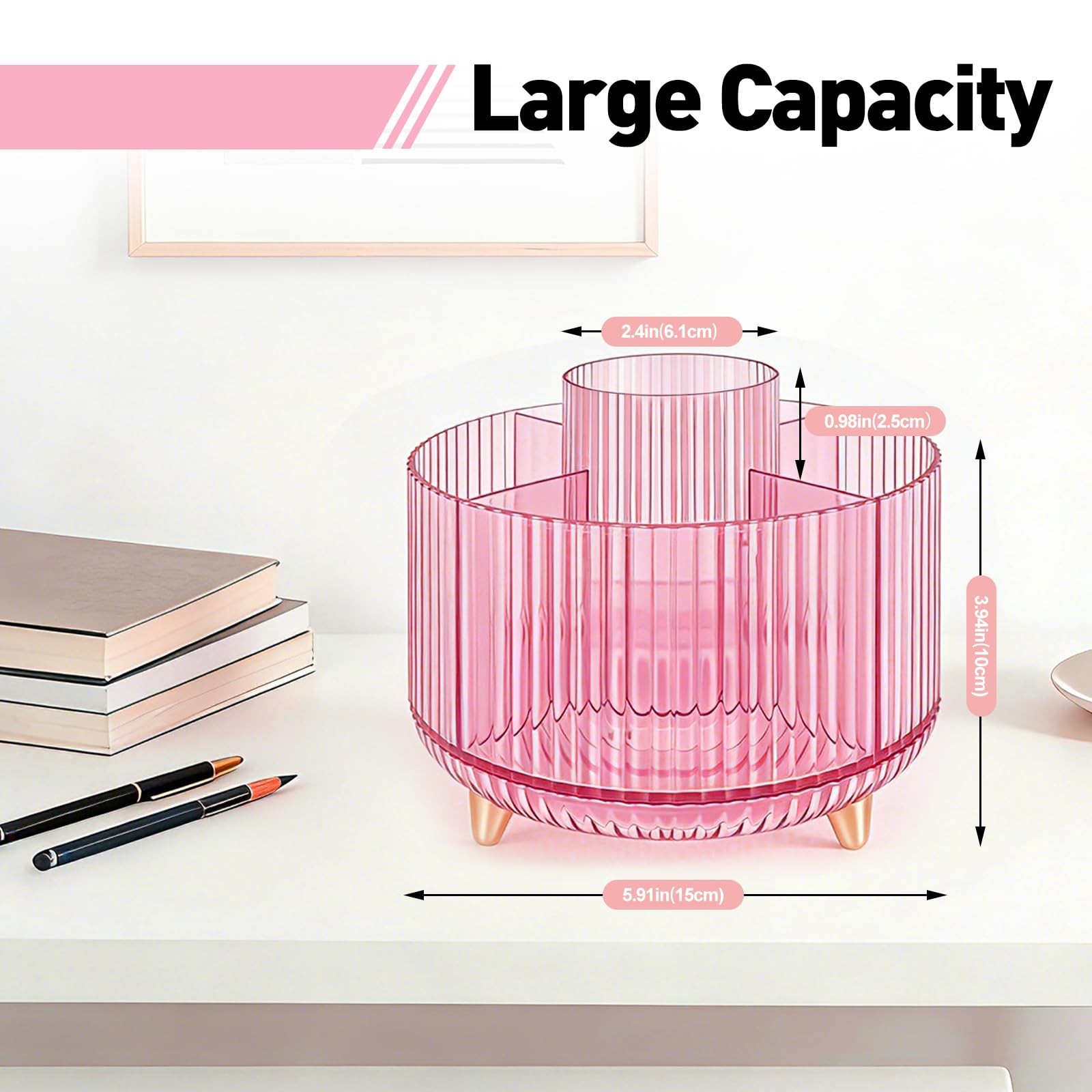 360 Rotating Pen Pencil Holder for Desk, Pen Organizer with 5 Slots, Makeup B…