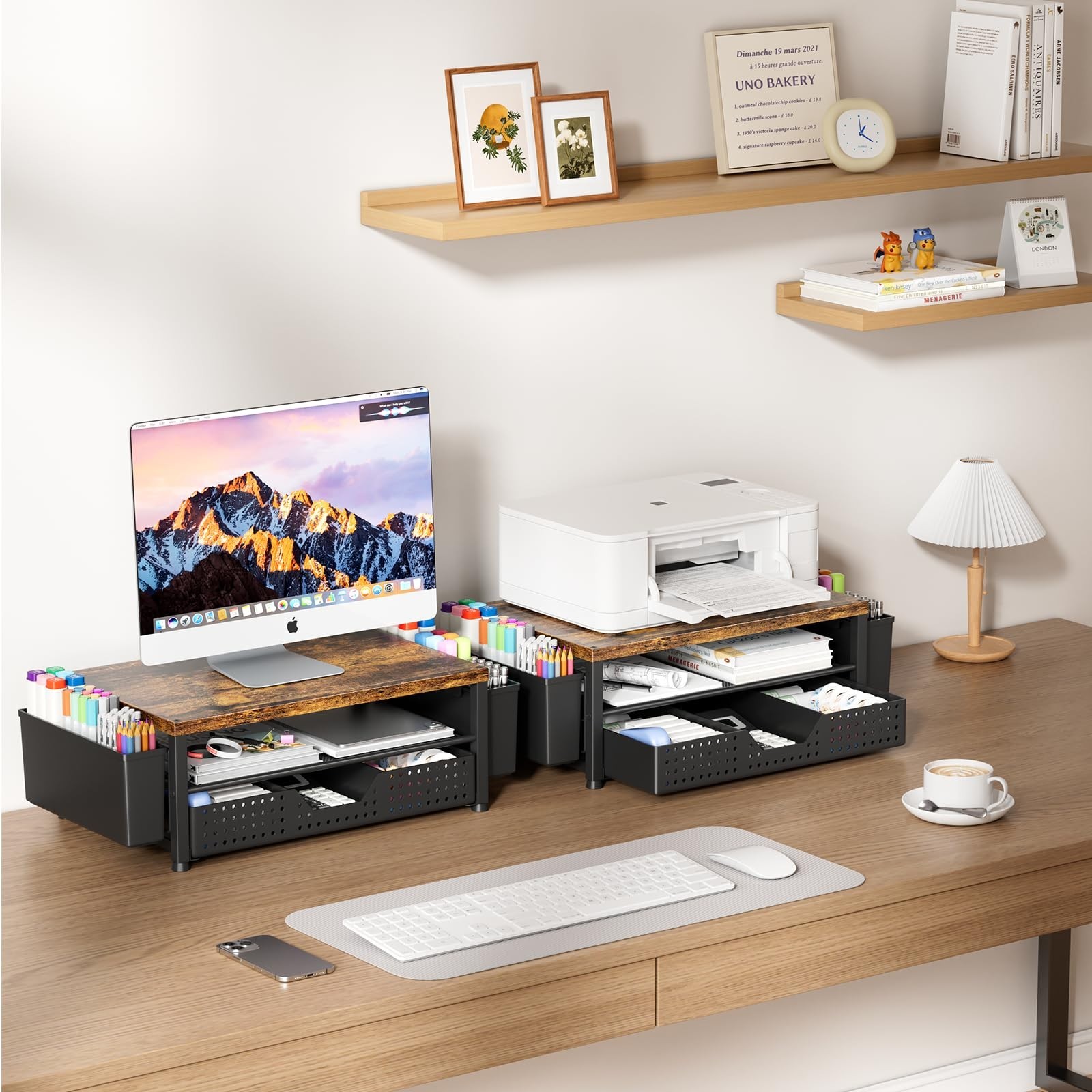 Wood Desk Organizer 2-Tier Monitor Stand Riser with Storage Drawer & Pen Holders
