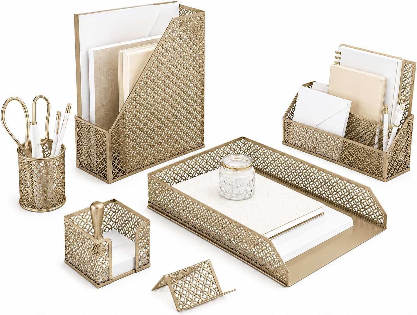 Gold Desk Organizer Set Mail Sorter Pen Holder Letter Tray Office Accessories