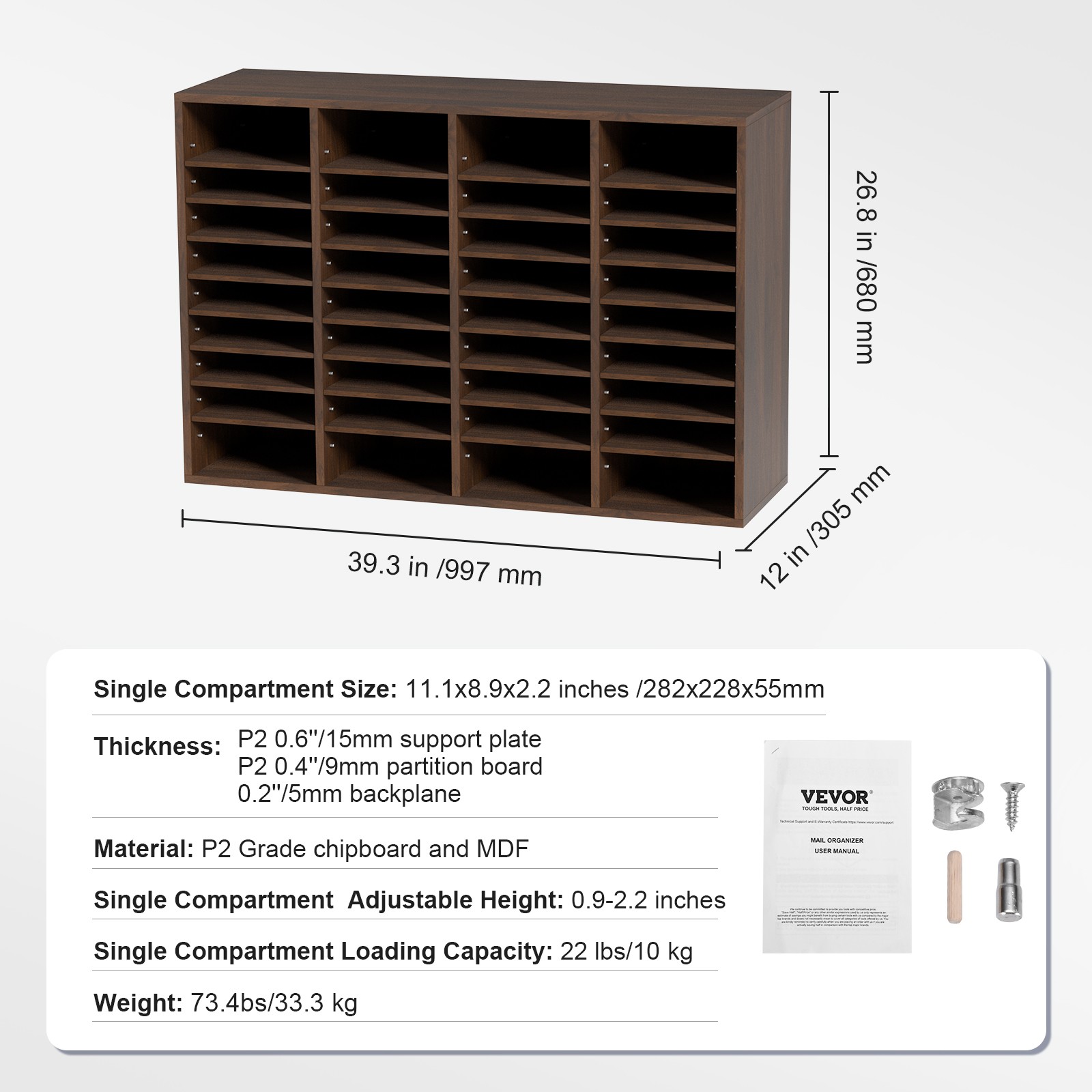 VEVOR Wood Literature Organizer Adjustable File Sorter 36 Compartments Brown