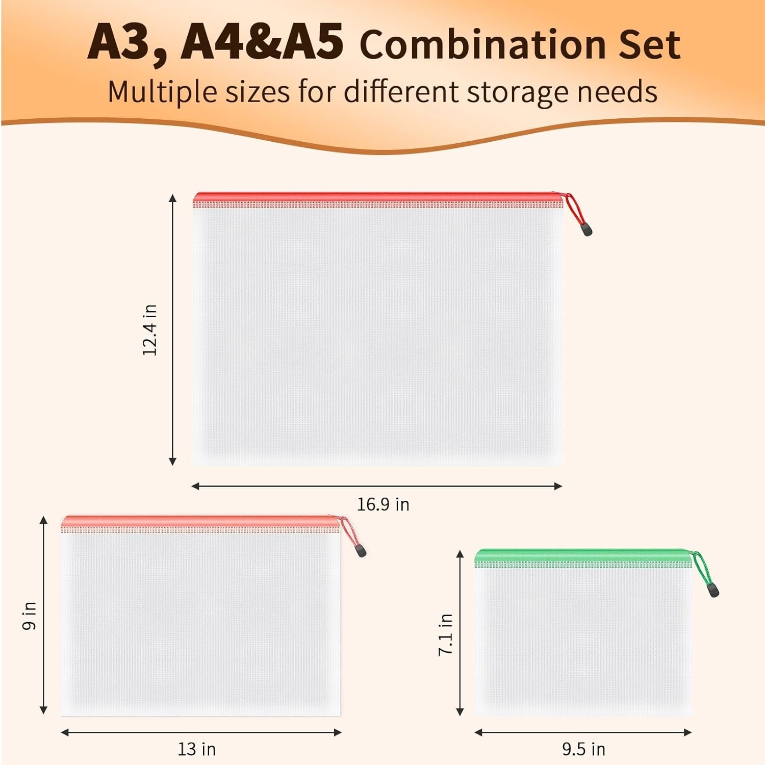 Mesh Zipper Pouch Bags A3+A4+A5 6 colors 18 Packs Clear Zipper Pouches Waterp…