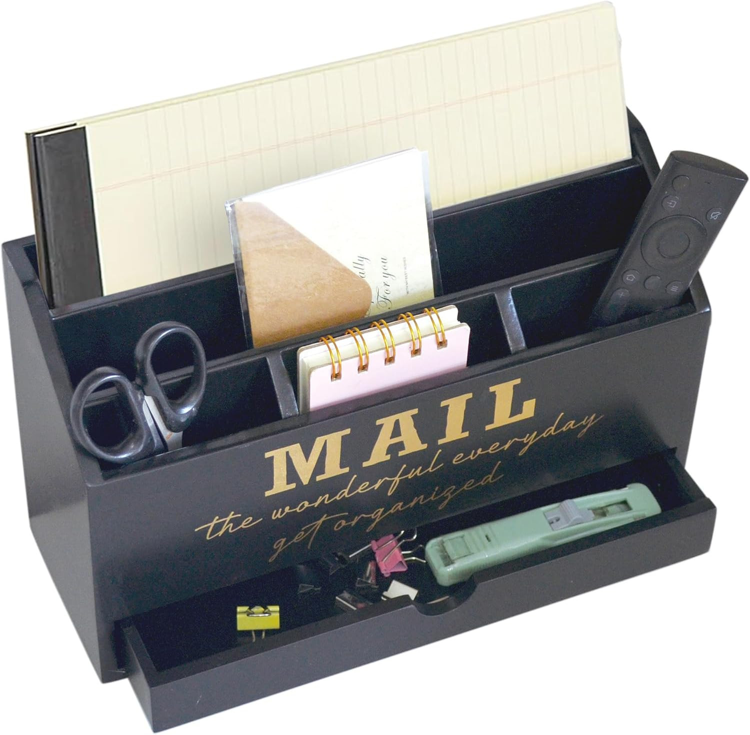 Wooden Black Rustic Countertop Mail Storage Holder with Drawer and Compartments