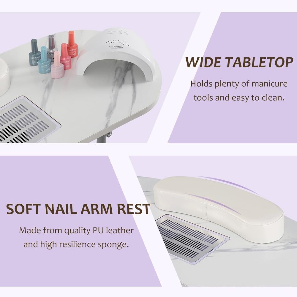 AGESISI Portable Manicure Table 35.43″L x 14.5″W x 27.95″H, White Marbled