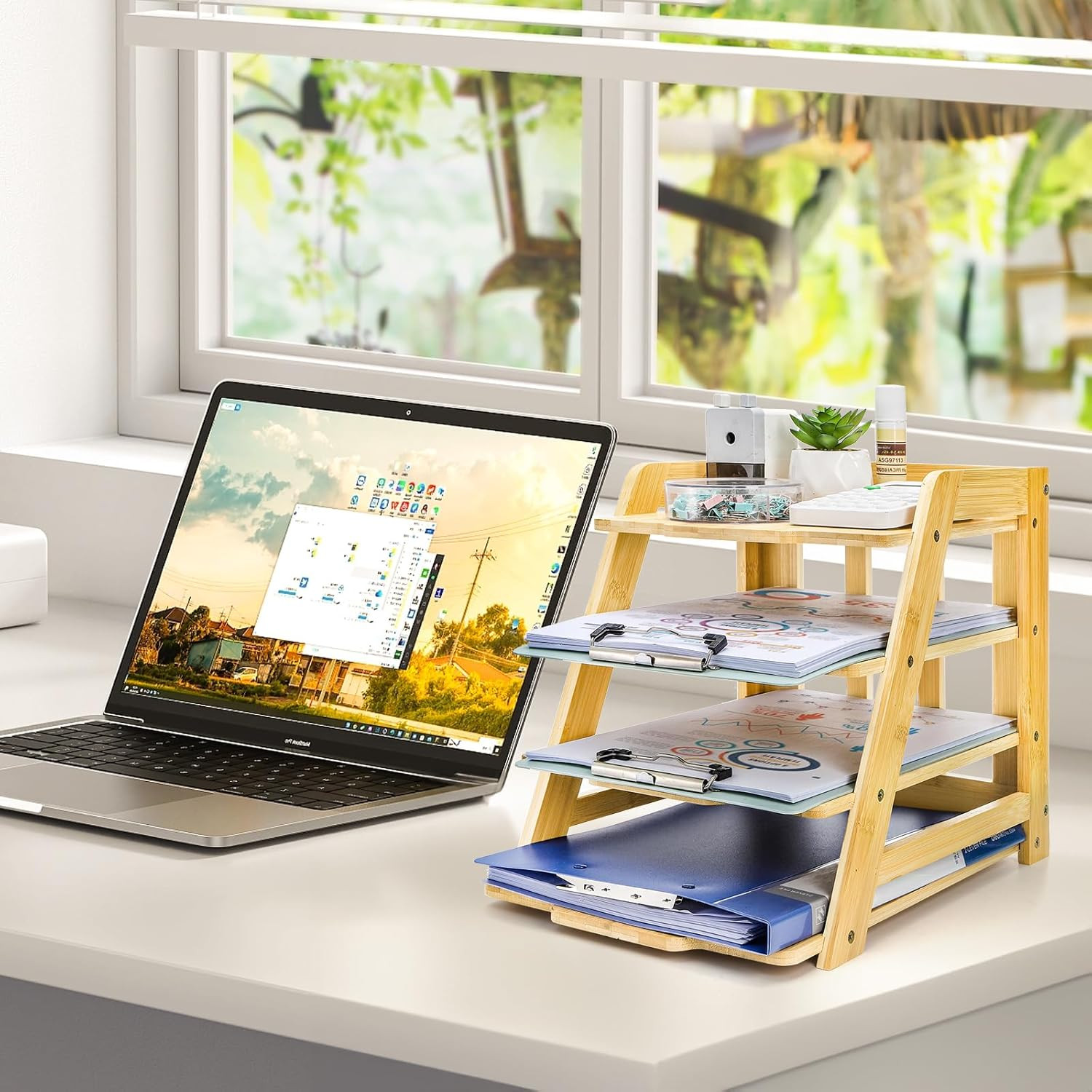 Wood Paper Organizer for Desk, 4 Tier Bamboo Letter Tray File Folder, Mail Sorte