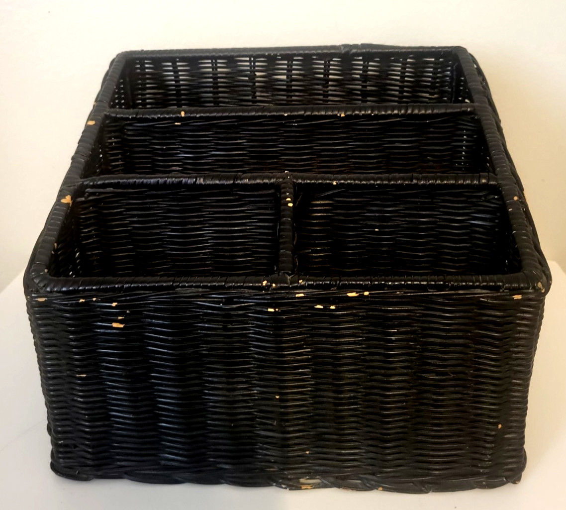 VTG Black Wicker Rattan Desk Mail Organizer Office Cottagecore Boho 10.5 x 9 x 8