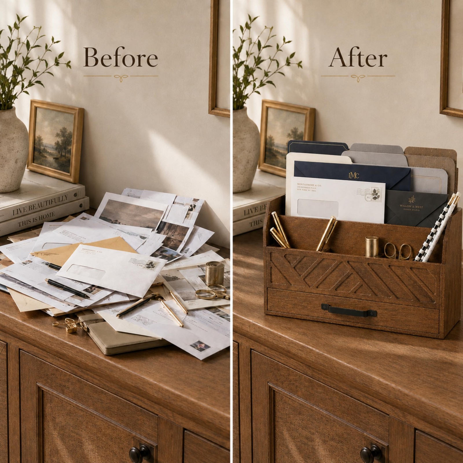 | Wooden Mail Organizer with Drawer and Compartments | Mail Sorter Organizer …