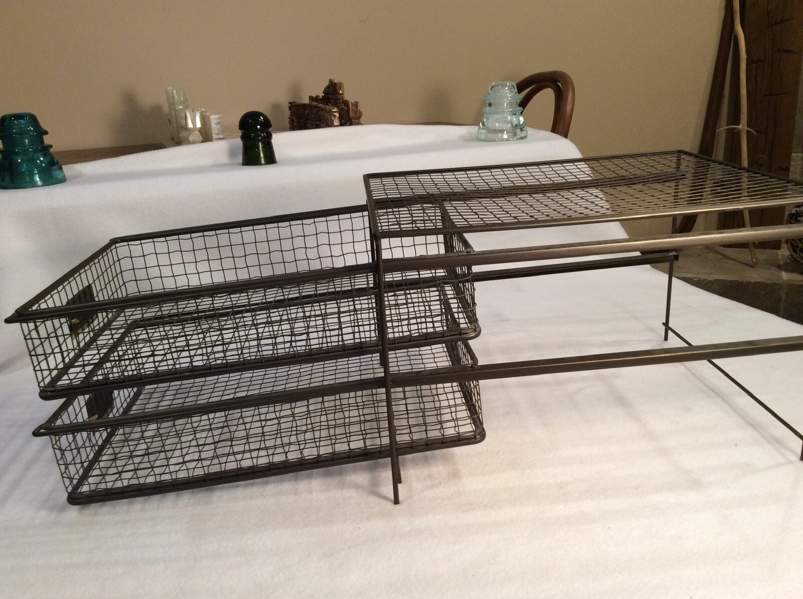 Vintage Metal Wire Office Desk Top File Paper Double Sliding Basket Storage Bin