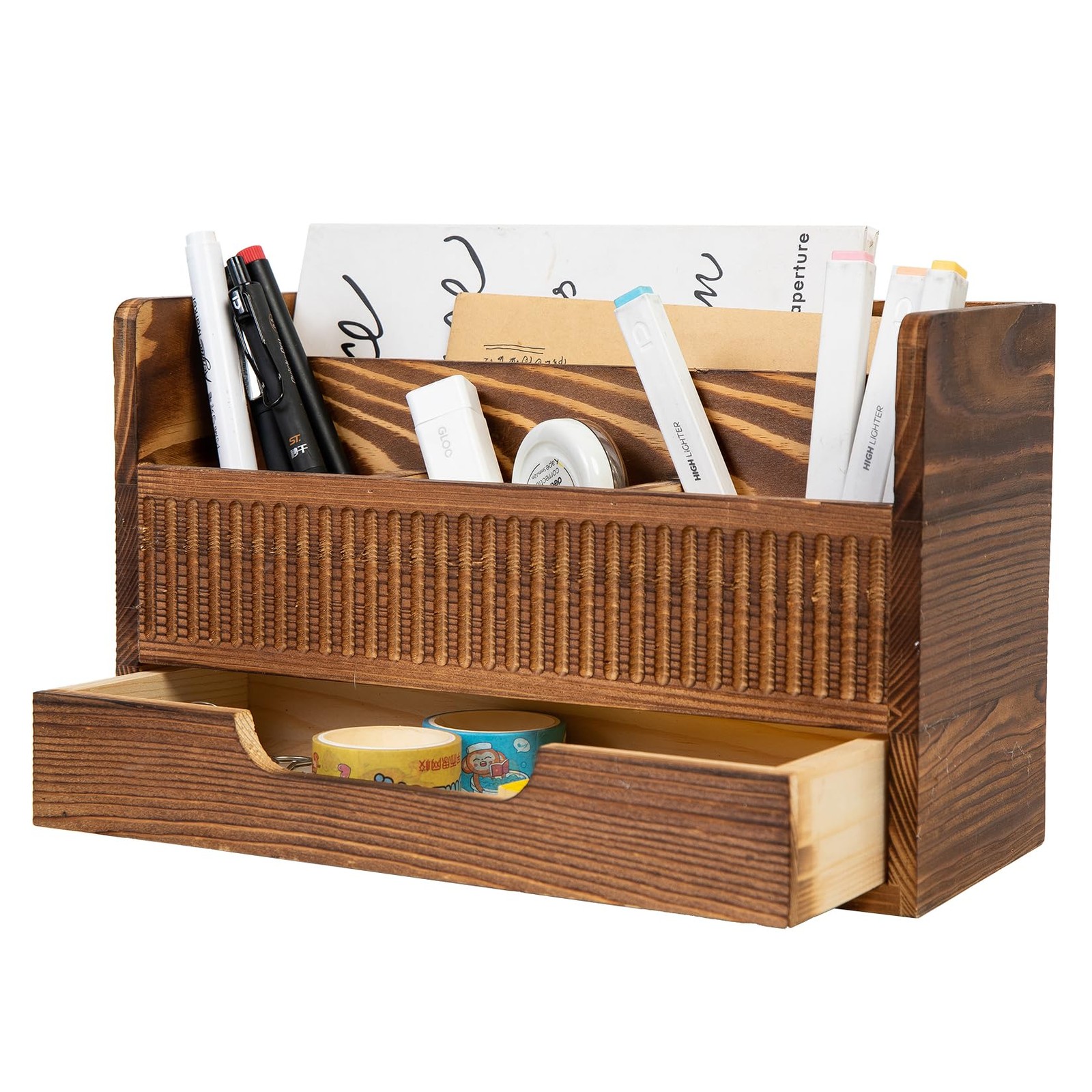 ExoLiry Rustic Brown Wood Desktop Stationery Organizer Mail Sorter Office Sup…